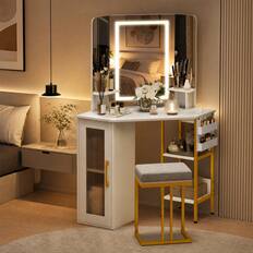 Front. WELLFOR - Corner Vanity Desk with LED Mirror & Charging Station, Space Saving Makeup Dressing Table with Padded Stool - White.