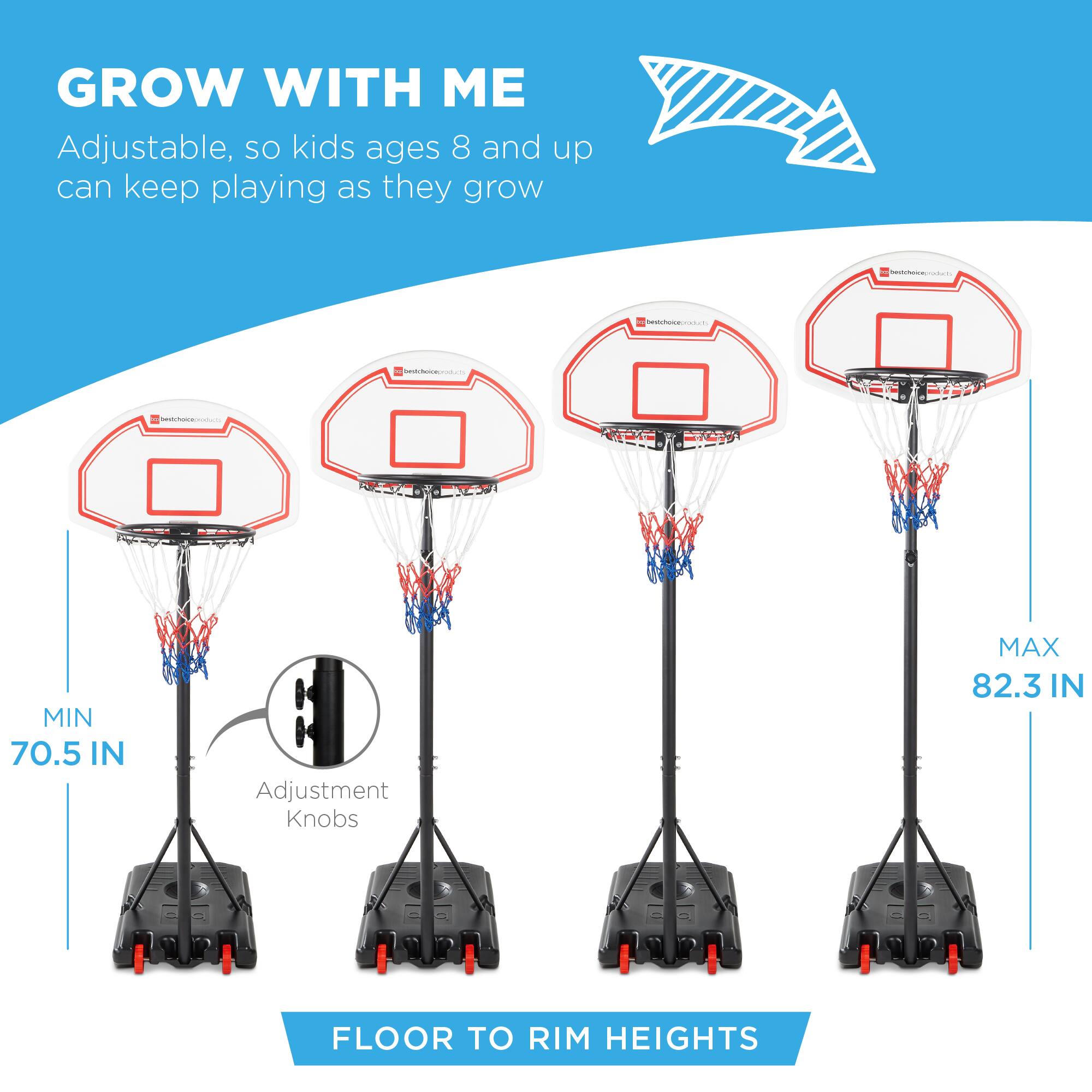 GROW WITH ME  
Adjustable, so kids ages 8 and up can keep playing as they grow  

MIN 70.5 IN  
MAX 82.3 IN  

Adjustment Knobs  

FLOOR TO RIM HEIGHTS