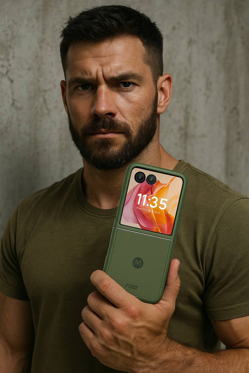 The man is holding a green phone that displays the time of 11:35.