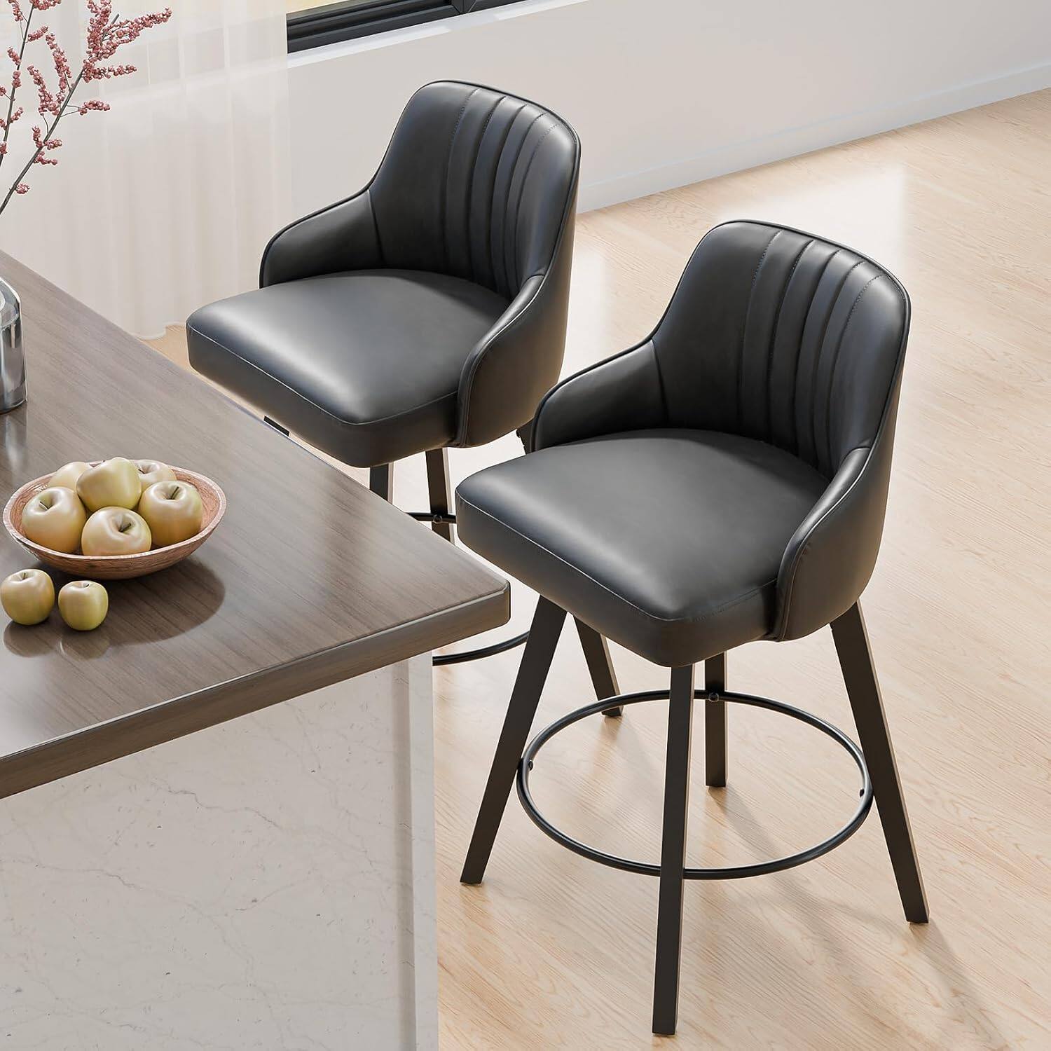 Alt View 4. Winado - 26" H Swivel Barstools Counter Height Bar Stool Modern Counter Stool with Back Kitchen High Chairs Solid Wood Legs - Black Pu-Set of 2.