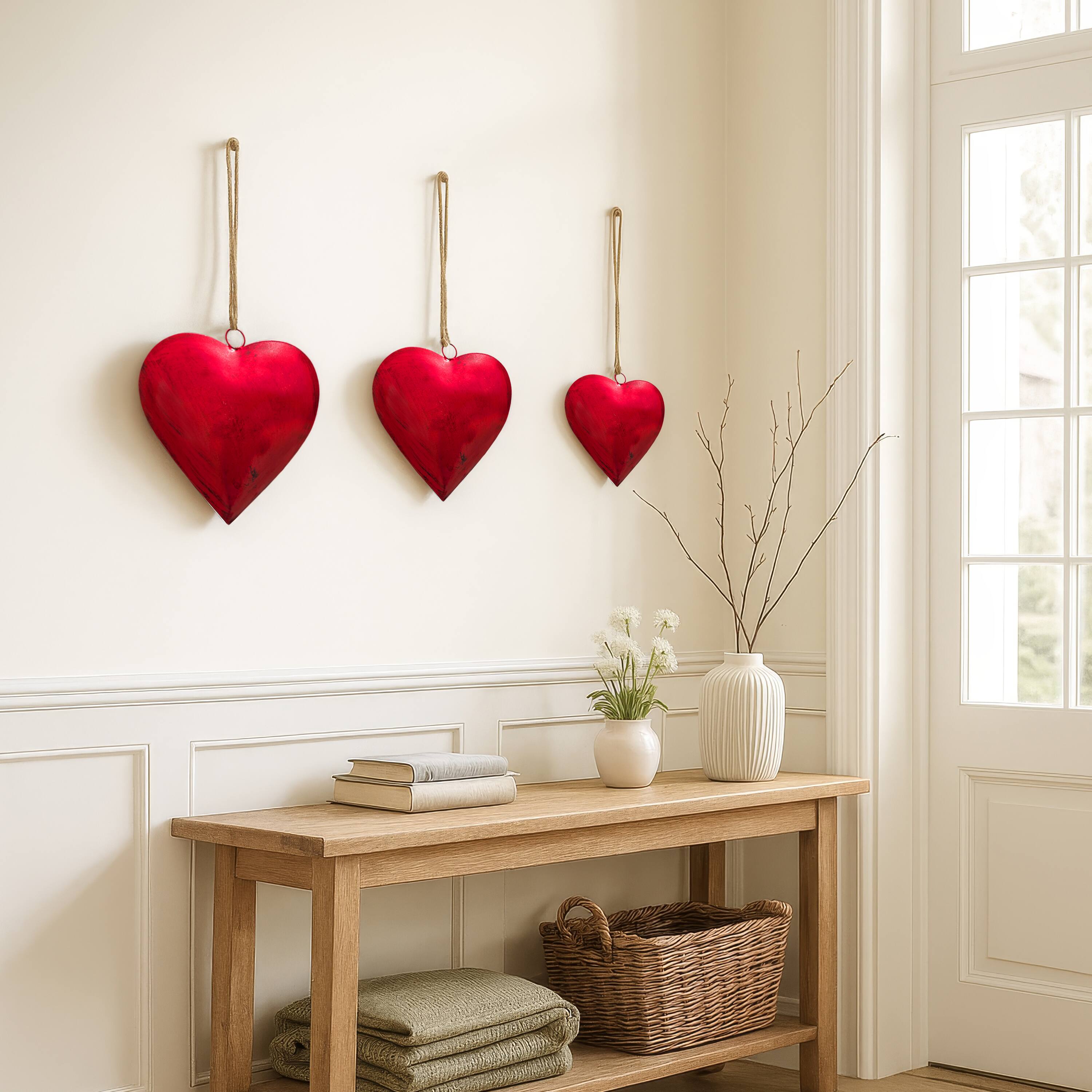 Alt View 8. Manhattan Lane - Myri Decorative Metal Heart Wall Decor Set of 3, Classic Red with Jute Hanging Rope, 12, 9.5, 7 Inches - Red.