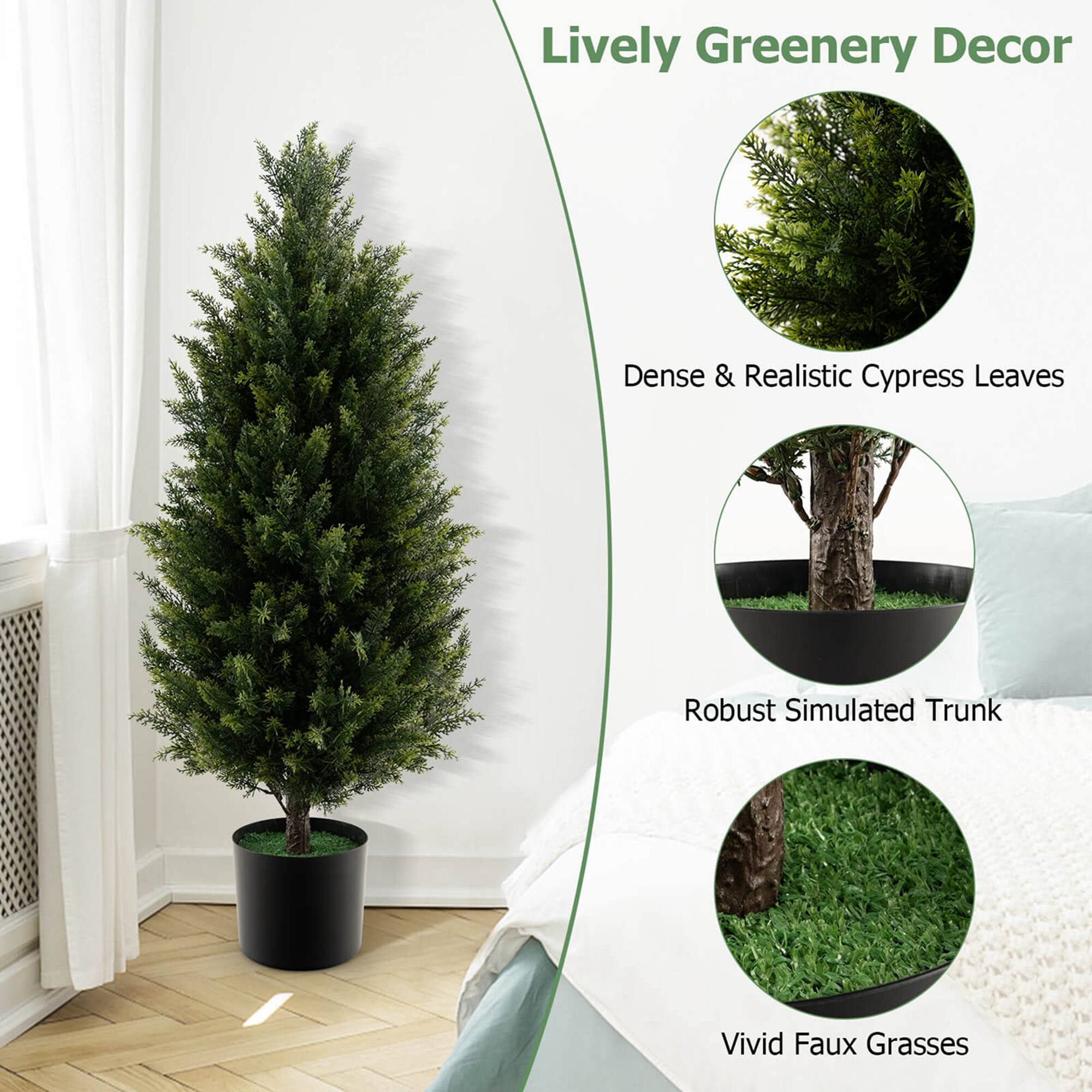 Lively Greenery Decor

- Dense & Realistic Cypress Leaves
- Robust Simulated Trunk
- Vivid Faux Grasses