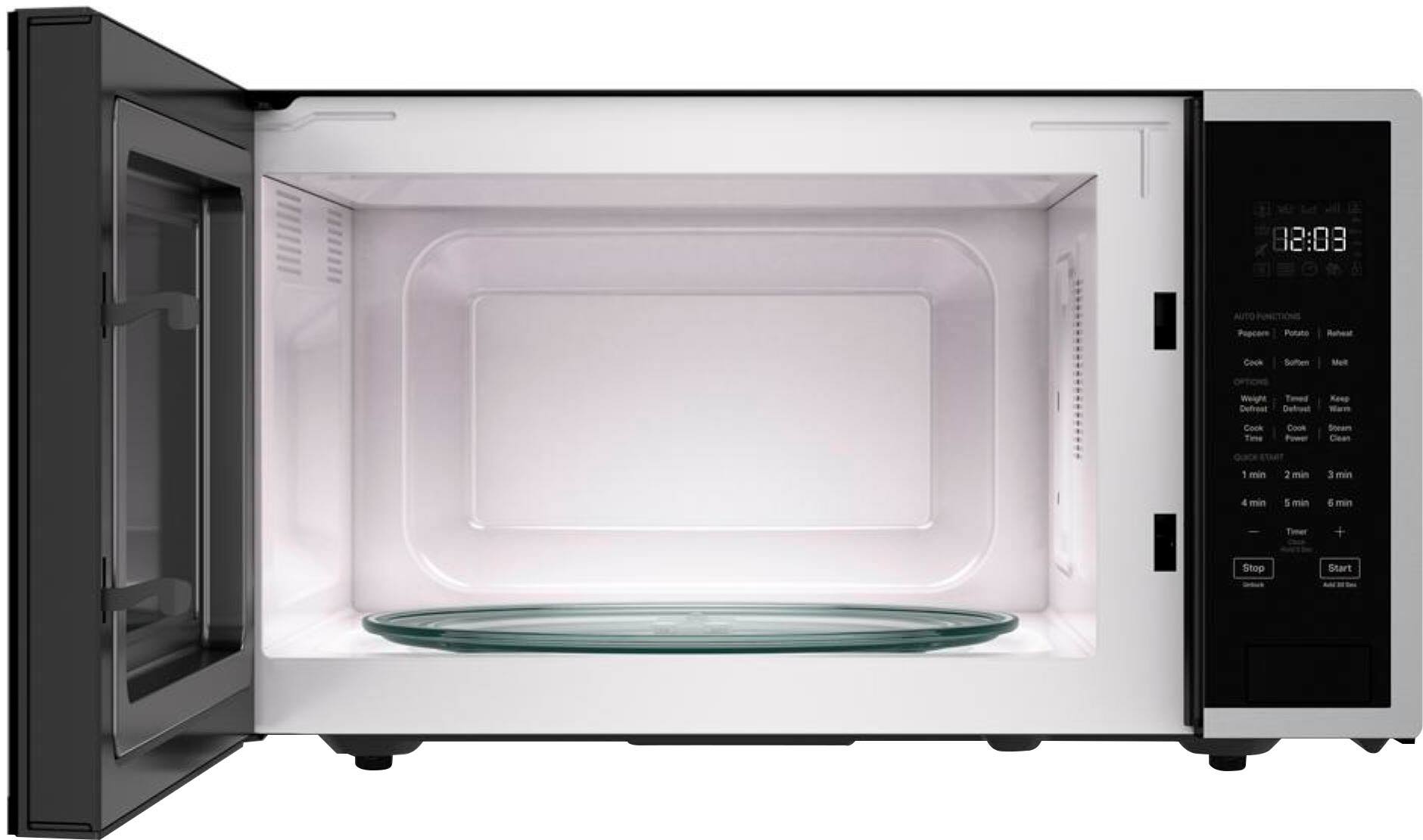 The text on the image reads: "88:08 Auto Functions Pushcore Potato Reheat Cock Soften Melt Weight Taed Defrost Keep Warm Cook Time Cook Power Steam Clean 1 min 2 min 3 min 4 min 5 min 6 min Timer + Stop Start."