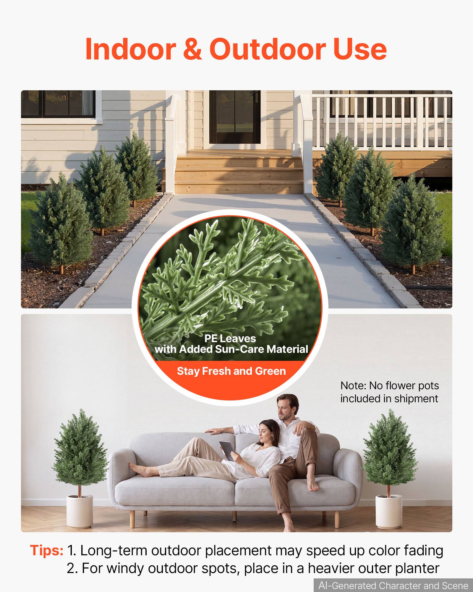Indoor & Outdoor Use

PE Leaves with Added Sun-Care Material
Stay Fresh and Green

Note: No flower pots included in shipment

Tips:
1. Long-term outdoor placement may speed up color fading
2. For windy outdoor spots, place in a heavier outer planter

AI-Generated Character and Scene