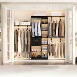 Aheaplus - Upgraded 96'' Closet System with 13 Storage Shelves, 8FT Open Wardrobe System with 2 Wooden Drawers & 4 Hanging Rods - Black