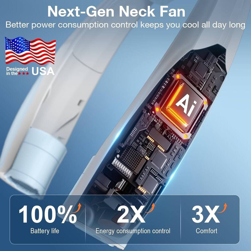 Next-Gen Neck Fan  
Better power consumption control keeps you cool all day long  
Designed in the USA  
100% Battery life  
2X Energy consumption control  
3X Comfort