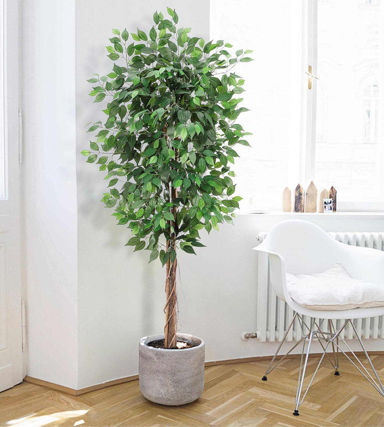 Angle. Homhougo - 6FT Faux Ficus Tree Set of 2, Tall Artificial Greenery with 1008 Leaves for Indoor Outdoor Home Office Use - Green.