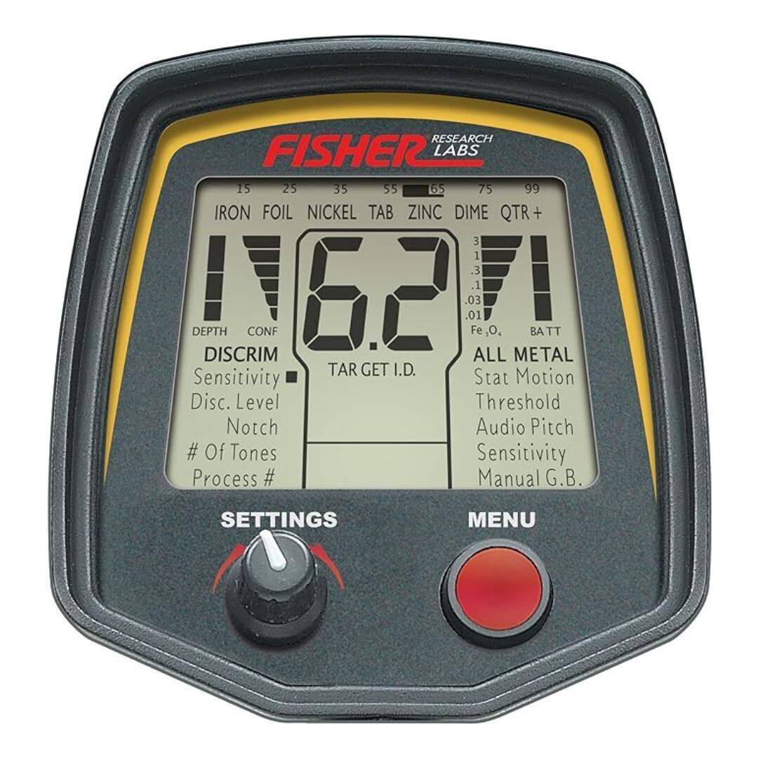RESEARCH LABS

FISHER

15 25 35 55 65 75 99

IRON FOIL NICKEL TAB ZINC DIME QTR +

162 71

DEPTH CONF

DISCRIM
Sensitivity
Disc. Level
Notch
# Of Tones
Process #

TARGET I.D.
Fe, O
BATT

ALL METAL
Stat Motion
Threshold
Audio Pitch
Sensitivity
Manual G.B.

SETTINGS MENU