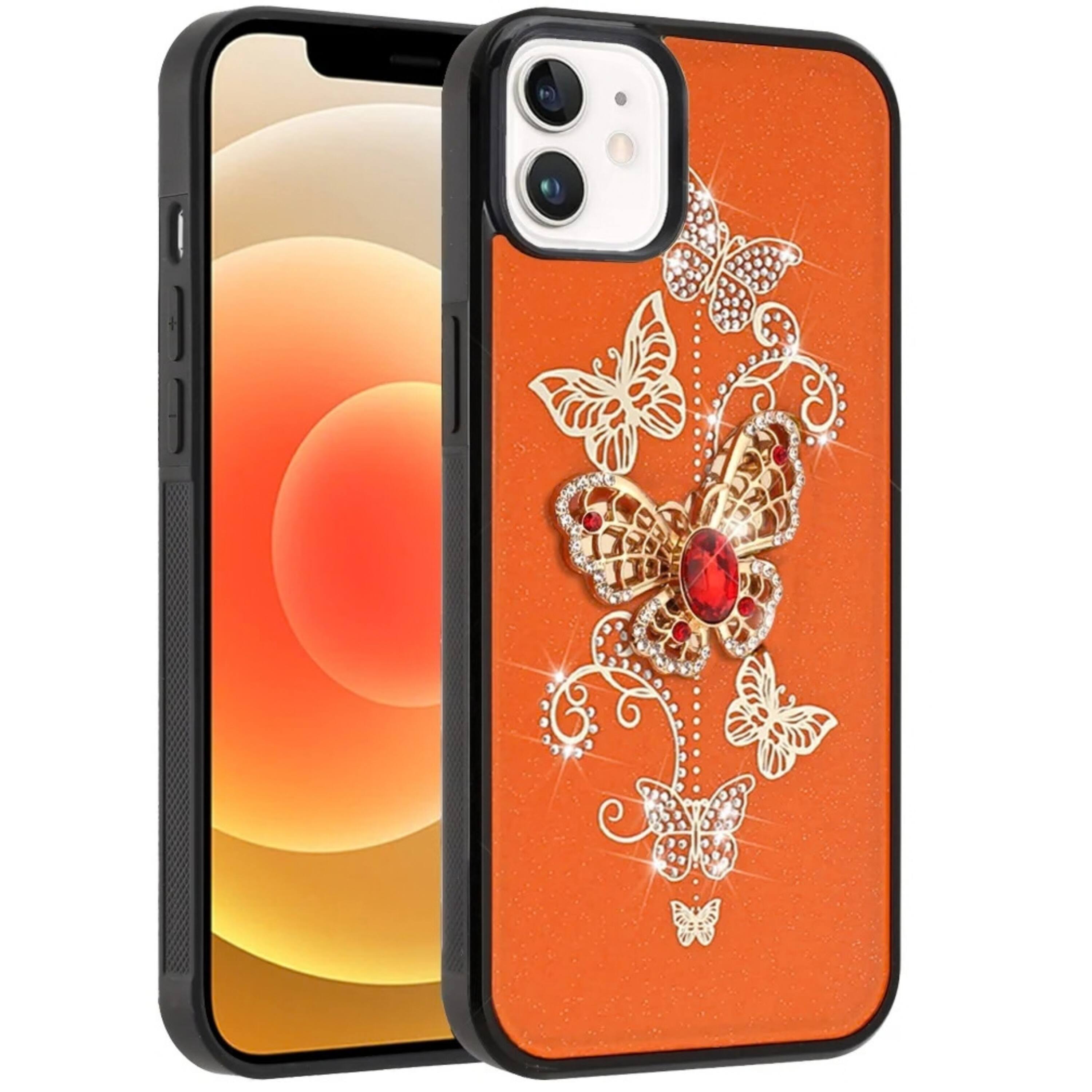Angle. Kitcheniva - Rhinestone Bling Decor Glitter Protective Phone Case With Tempered Glass For iPhone 12 12 Pro Garden Orange - Orange.