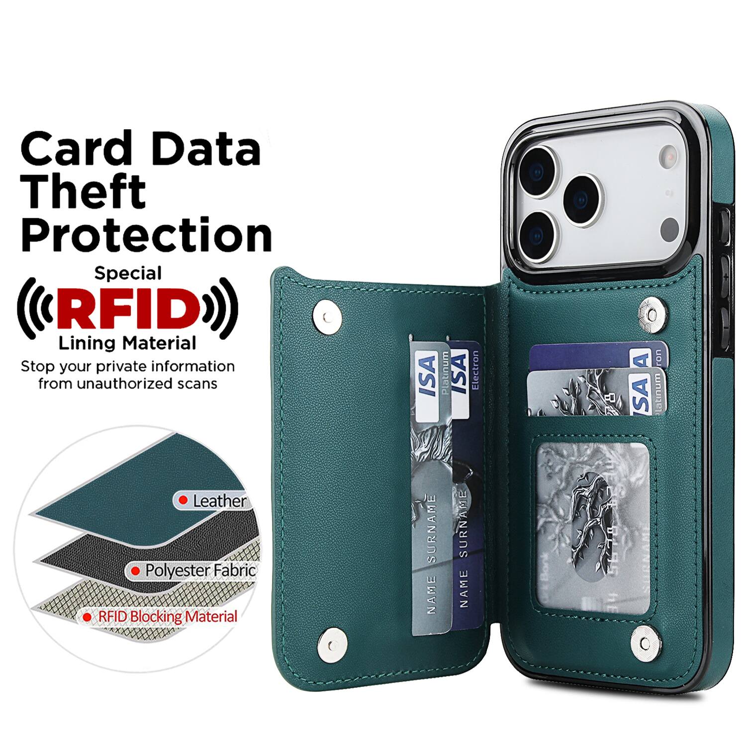 Card Data Theft Protection  
Special RFID Lining Material  
Stop your private information from unauthorized scans  

Leather  
Polyester Fabric  
RFID Blocking Material  

ISA SURNAME NAME  
Platinum  
ISA SURNAME NAME  
Electron  
95  
A SA  
ron latinum