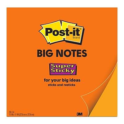 Post-it Brand  
BIG NOTES  
Super Sticky  
for your big ideas  
sticks and resticks  

30 O 11 Nx 11 I (27.9 cm x 27.9 cm)  
3M