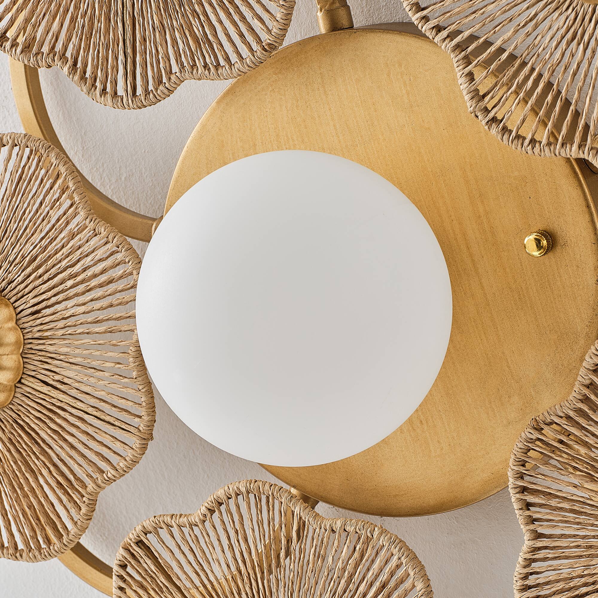 Alt View 7. Parrot Uncle - Antique Gold Modern Farmhouse Hand-Woven Raffia Rope Five Flower-Shaped Frosted Globe LED Wall Lamp Ceiling Light - Gold.