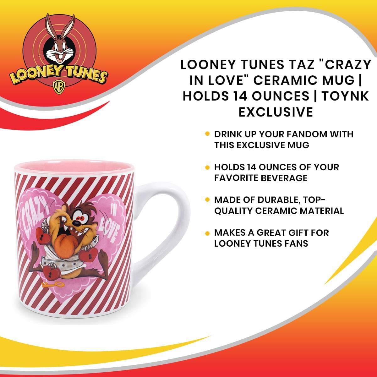 LOONEY TUNES TAZ "CRAZY IN LOVE" CERAMIC MUG | HOLDS 14 OUNCES | TOYNK EXCLUSIVE

- DRINK UP YOUR FANDOM WITH THIS EXCLUSIVE MUG
- HOLDS 14 OUNCES OF YOUR FAVORITE BEVERAGE
- MADE OF DURABLE, TOP-QUALITY CERAMIC MATERIAL
- MAKES A GREAT GIFT FOR LOONEY TUNES FANS