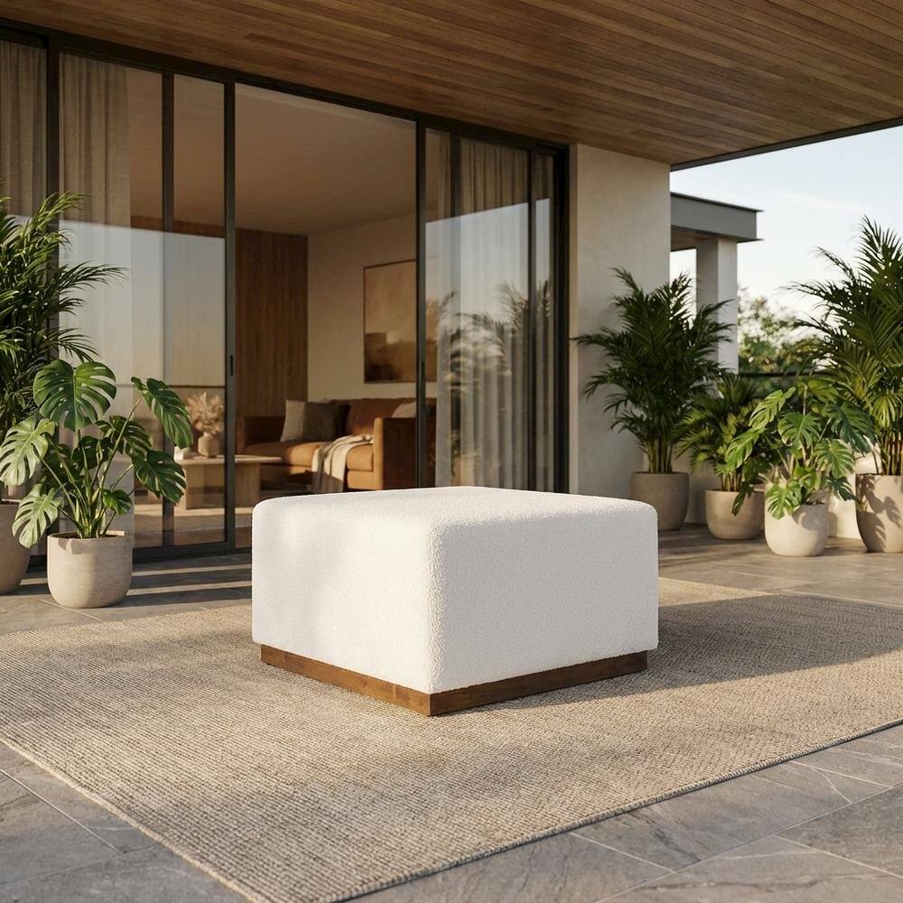 Angle. Outdoor Escape - Square Boucle Upholstered Ottoman With Cushioned Top For Outdoor Lounge - Brown.