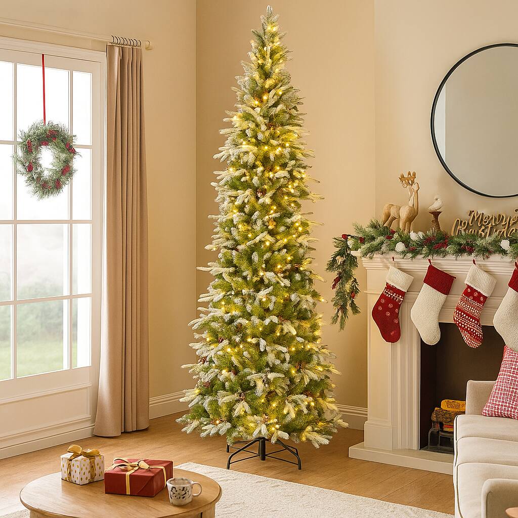 BreeBe - Snow Flocked Artificial Xmas Tree – Prelit & Hinged, 6 to 9 FT Options - Green