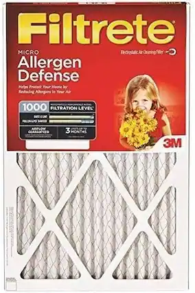 Filtrete MICRO Electrostatic Air Cleaning Filter
Allergen Defense
Helps Protect Your Home by Reducing Allergens in Your Air
1000 FILTRATION LEVEL
DUST & UNTI
AIRFLOW GUARANTEED
LASTS UP TO 3 MONTHS
3M