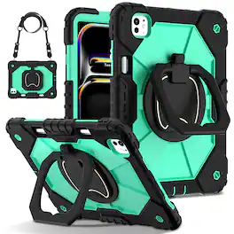 Dteck - Case for Apple iPad Pro 13-inch (M5) 2025/(M4) 2024 , 3-Layer Rugged Kickstand Handle Grip Cover+Strap - Black Mint