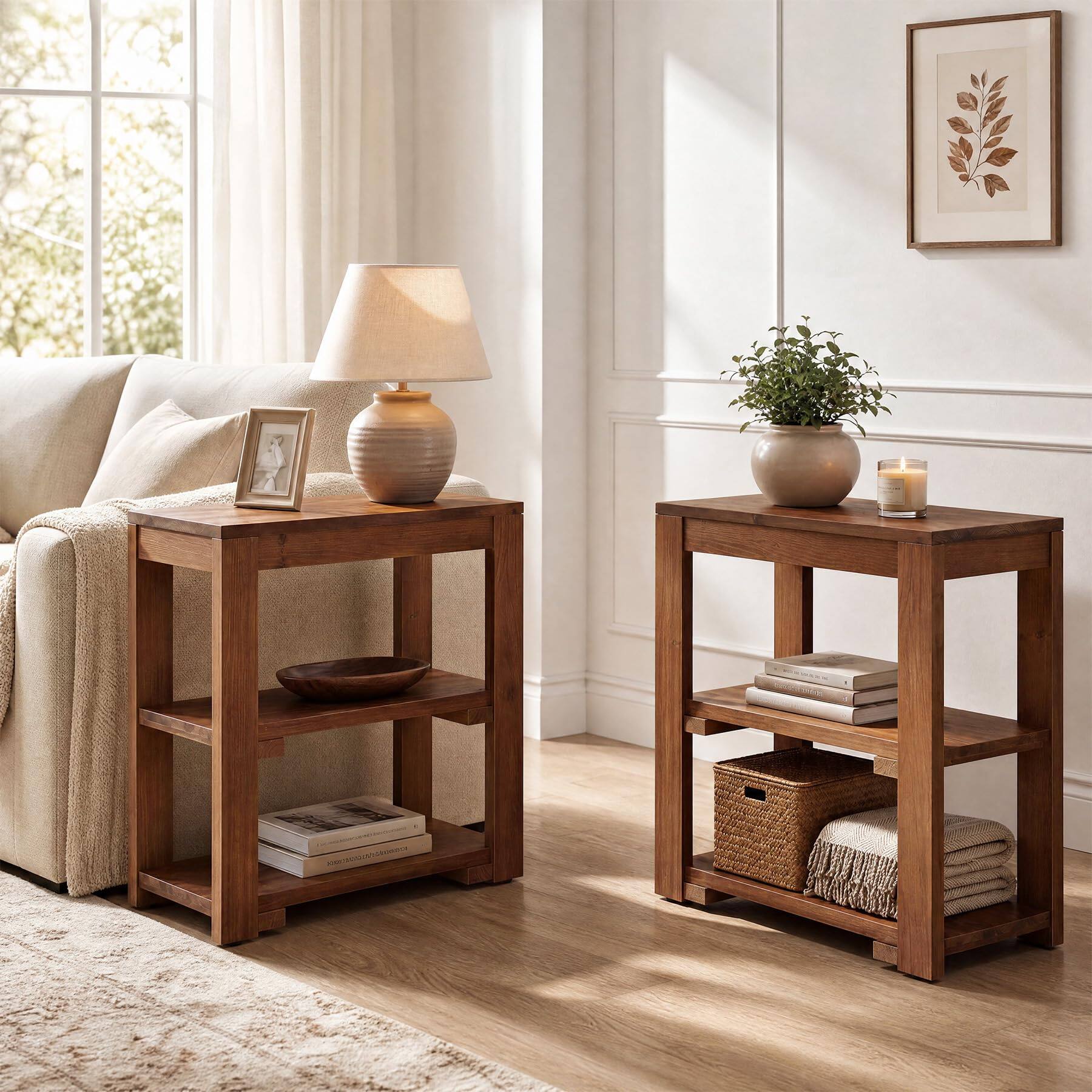 Alt View 4. Tribesigns - Solid Wood Side Table, 3-Tier End Table with Storage, Rectangle Farmhouse Night Stand for Small Spaces, Living Room, Bed - Brown.