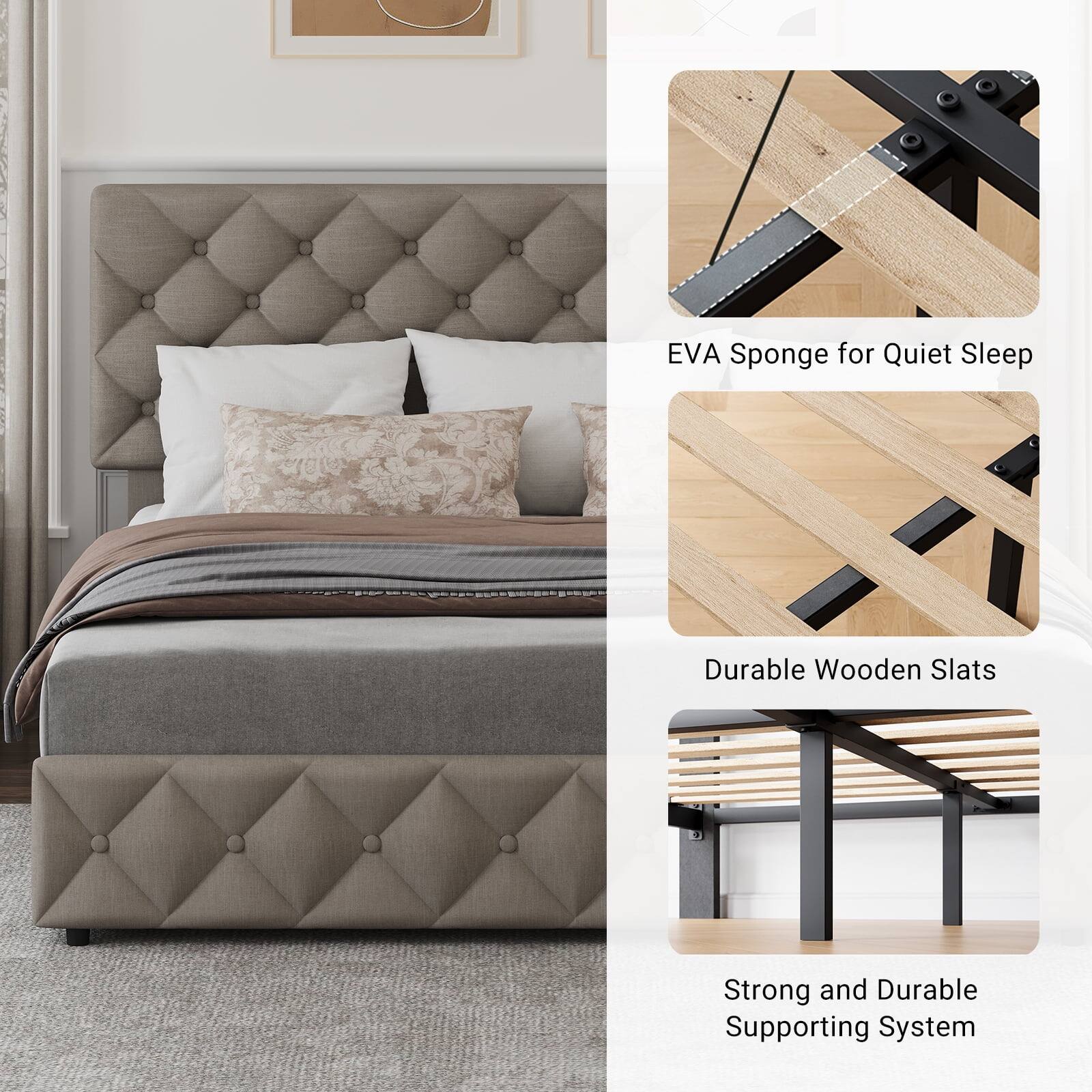 Qeetex Queen Bed Frame with Adjustable Headboard & 4 XL Storage Drawers ...