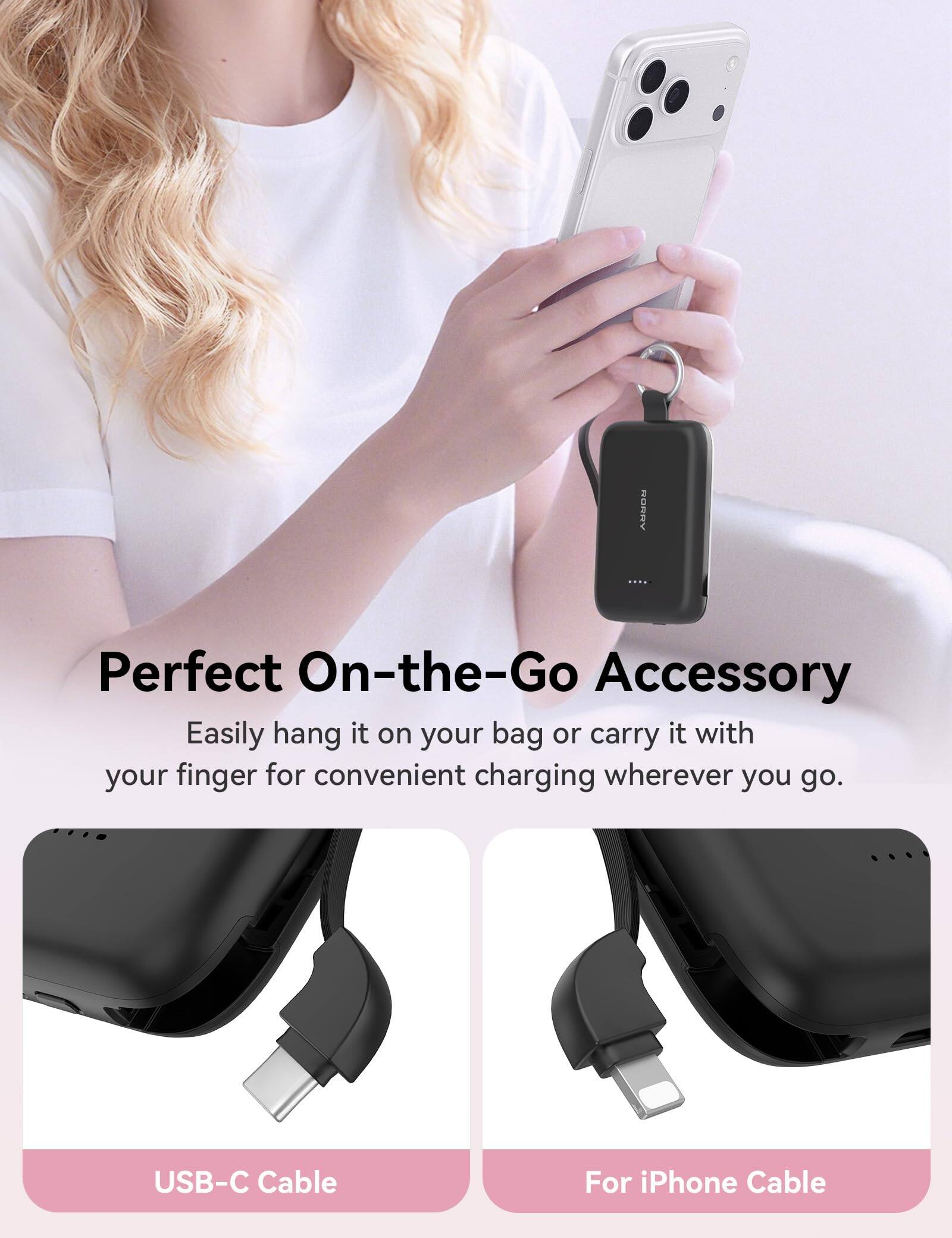 Perfect On-the-Go Accessory  
Easily hang it on your bag or carry it with your finger for convenient charging wherever you go.  

USB-C Cable  
For iPhone Cable