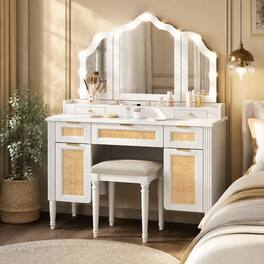 RYHNUYNE - 44.37 in Makeup Vanity Desk Set 3 Lighting Modes, Tri-Fold Mirror, Cushioned Stool - White