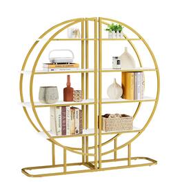 Ecooso - 4 Tiers Home Office Open Bookshelf, Round Shape, Different Placement Ways, MDF Board, Gold Metal Frame, White - Golden+White