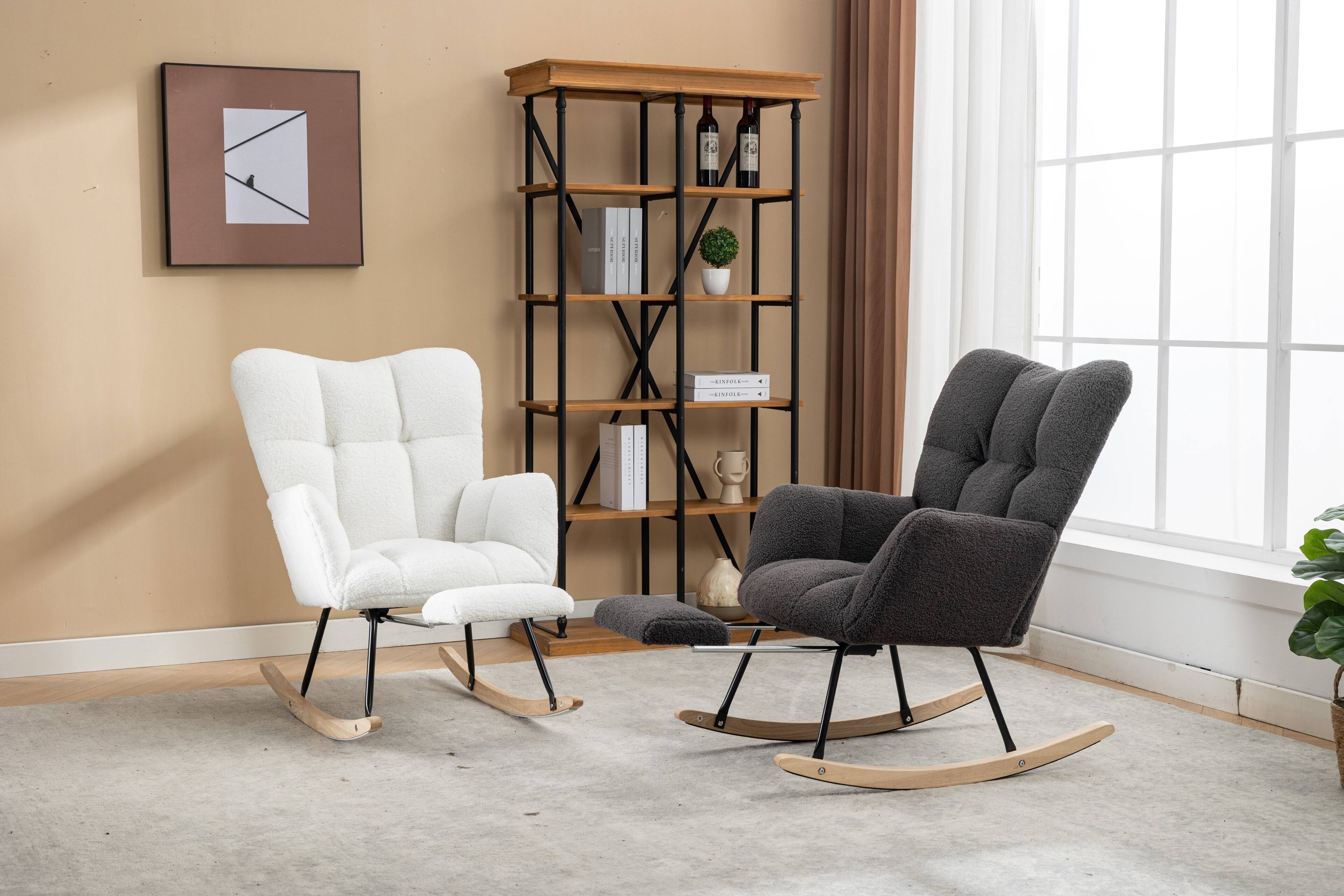 Alt View 1. GOODSILO - Rocking Chair with Adjustable Footrest & Side Pocket - Comfortable Teddy Fabric Accent Chair for Nursery, Living Room - Ivory.