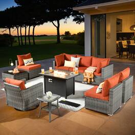 Ovios - 10 PCS Patio Furniture Set, Sectional Sofa with Swivel Chair, Coffee Table & 42" Fire Pit Table - Orange Red
