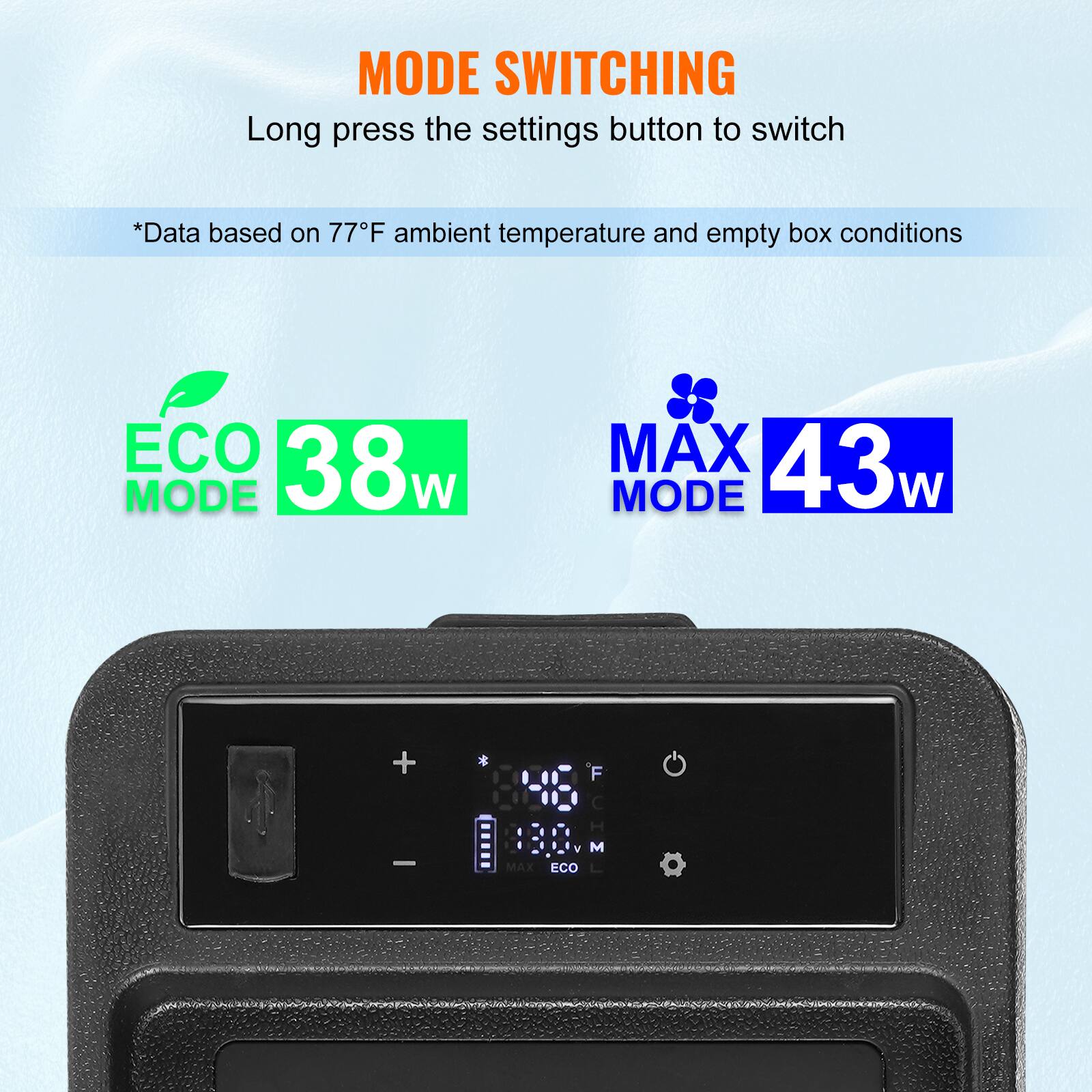 MODE SWITCHING
Long press the settings button to switch
*Data based on 77°F ambient temperature and empty box conditions
ECO 38w MODE
MAX 43w MODE
+ - * . F I C  1 H V M MAX ECO