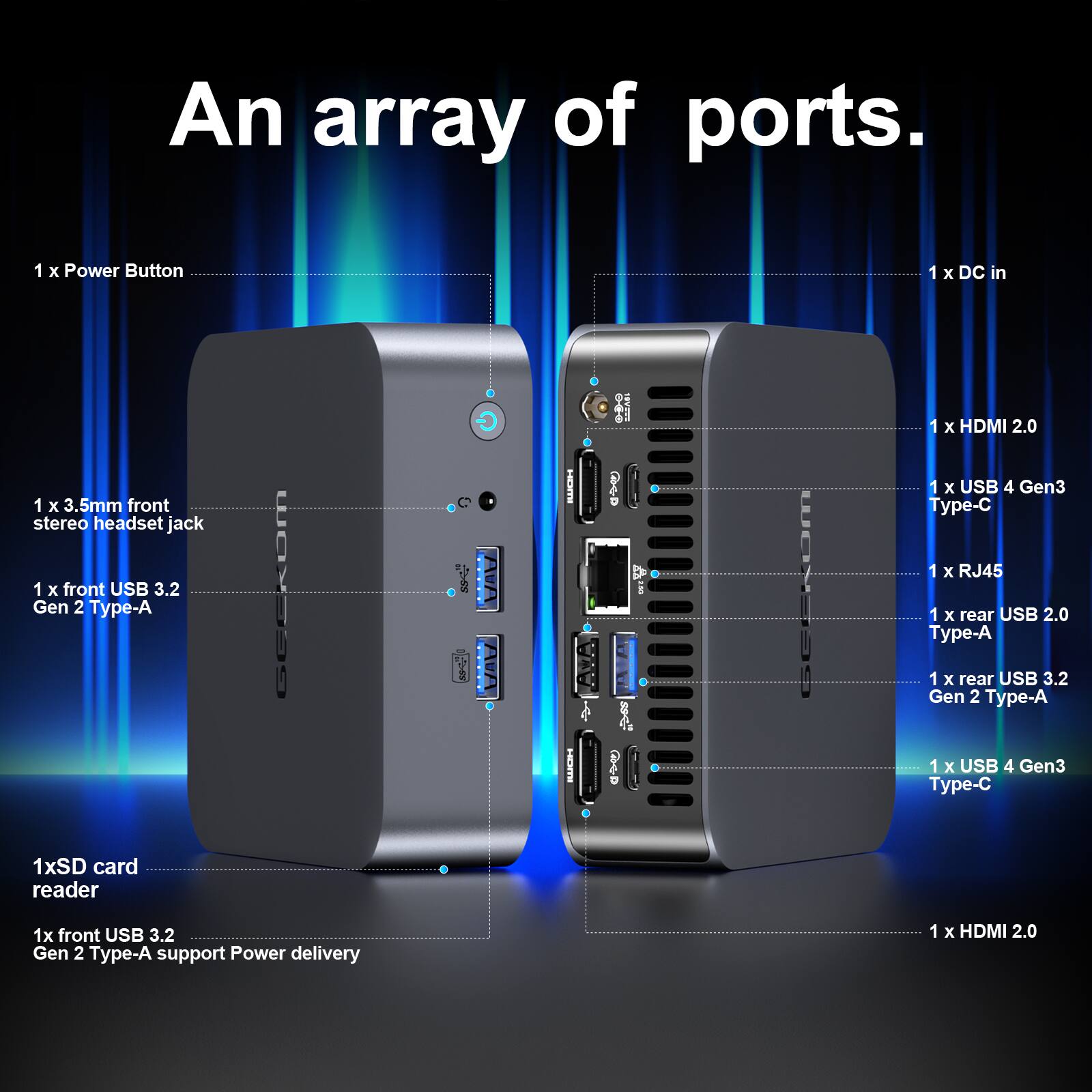 An array of ports. 1 x Power Button 1 x DC in 1 x HDMI 2.0 1 x 3.5mm front stereo headset jack 1 x USB 4 Gen3 Type-C 1 x front USB 3.2 Gen 2 Type-A 1 x RJ45 1 x rear USB 2.0 Type-A 1 x rear USB 3.2 Gen 2 Type-A 1 x USB 4 Gen3 Type-C 1 x SD card reader 1x front USB 3.2 Gen 2 Type-A support Power delivery 1 x HDMI 2.0