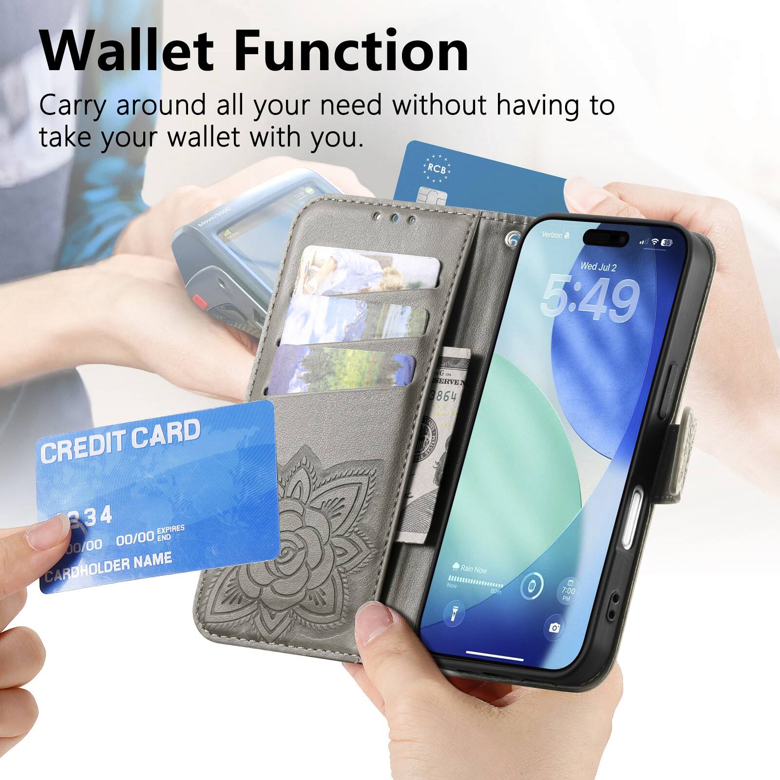 Wallet Function  
Carry around all your need without having to take your wallet with you.  

RCB / Miiton a M  
Wed Jul 2 5:49  

CREDIT CARD  
864 234 4  
EXPIRES 00/00  
END 00/00  
CARDHOLDER NAME  

Rain Now  
7:00 PM