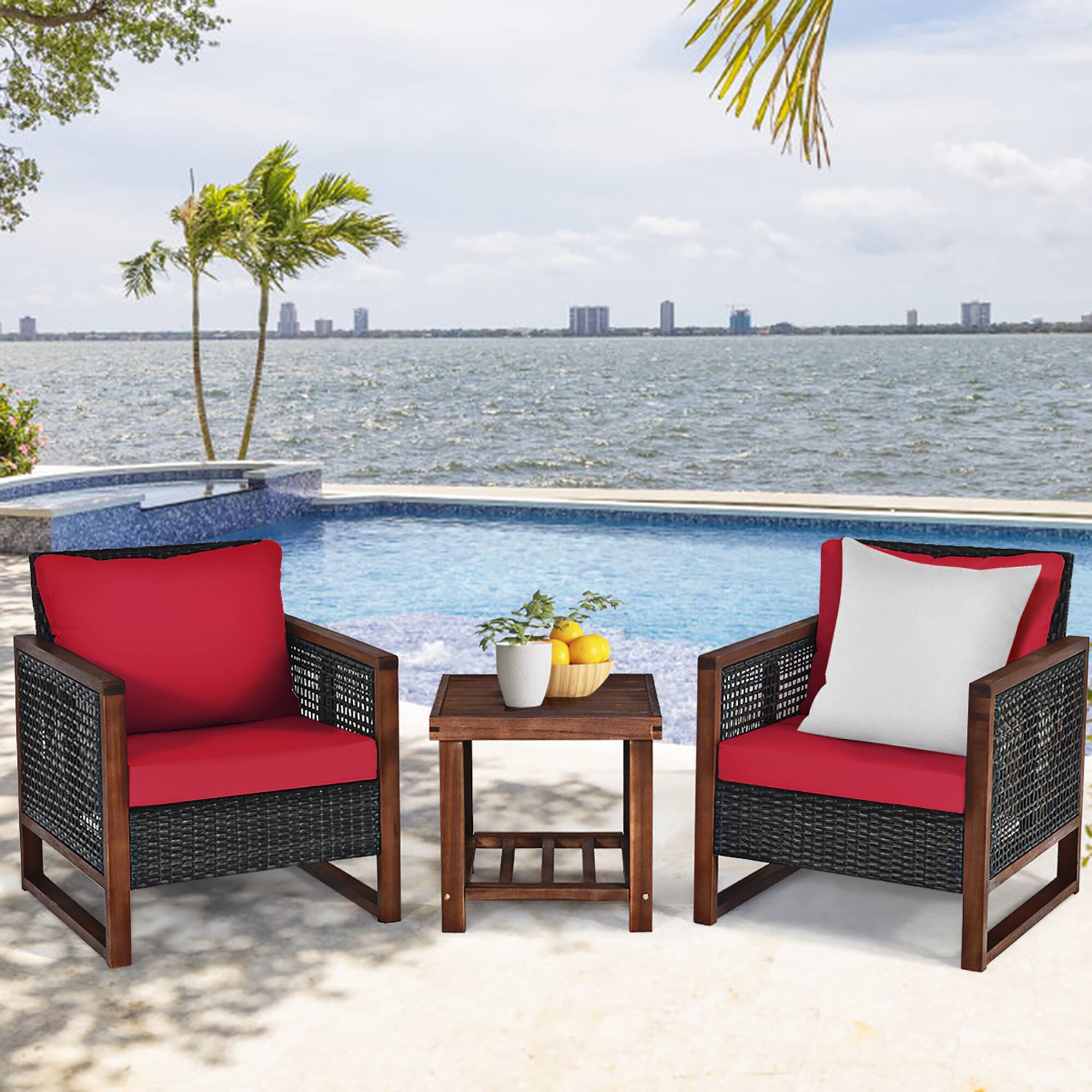 Alt View 1. Costway - Costway 3PCS Patio Wicker Furniture Set Solid Wood Frame Cushion Sofa w/ Square Table Shelf - Red.