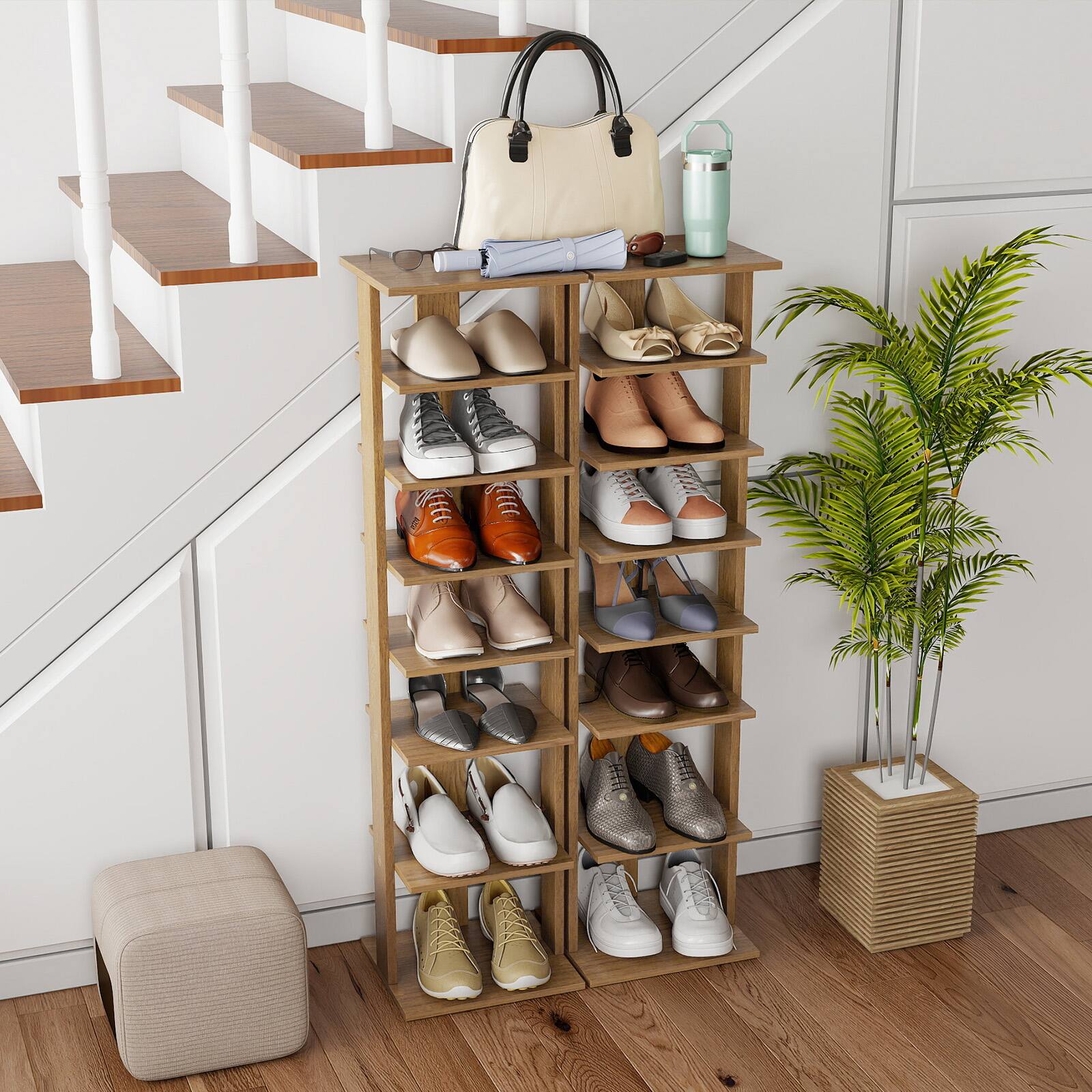 Gymax 7 Tier Wooden Shoe Rack Narrow Vertical Shoe Stand Storage
