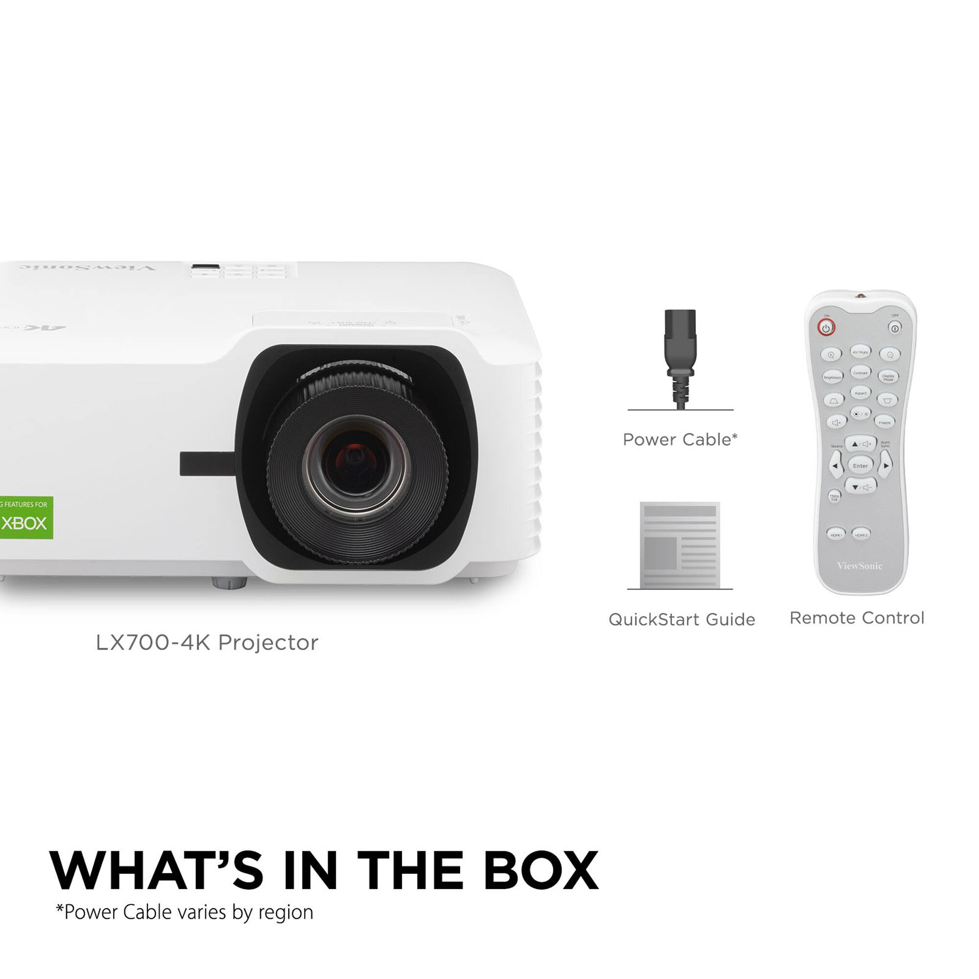 What's in the box:
- Xbox 360 2 - a - - - - - Power Cable varies by region
- Sonic LX700-4K Projector
- QuickStart Guide
- Remote Control