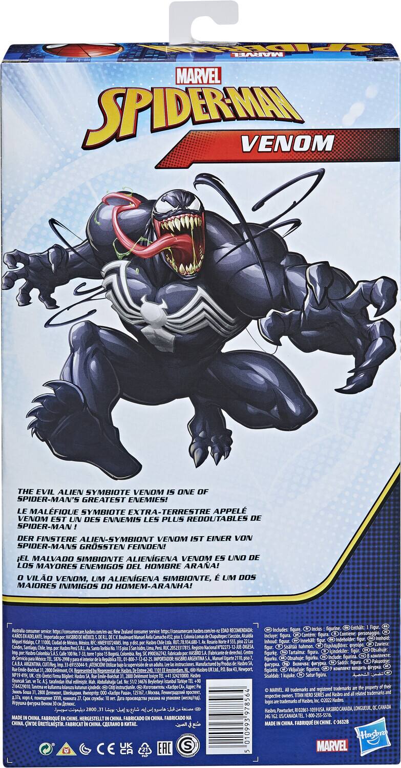 MARVEL SPIDER-MAN VENOM

THE EVIL ALIEN SYMBIOTE VENOM IS ONE OF SPIDER-MAN'S GREATEST ENEMIES!  
LE MALFIQUE SYMBIOTE EXTRA-TERRESTRE APPEL VENOM EST UN DES ENNEMIS LES PLUS REDOUTABLES DE SPIDER-MAN!  
DER FINSTERE ALIEN-SYMBIONT VENOM IST EINER VON SPIDER-MANS GROSSTEN FEINDEN!  
EL MALVADO SIMBIONTE ALIENIGENA VENOM ES UNO DE LOS MAYORES ENEMIGOS DEL HOMBRE ARAÑA!  
VILO VENOM, UM ALIENGENA SIMBIONTE, UM DOS MAIORES INIMIGOS DO HOMEM-ARANHA!

Includes:  
Incluye:  
Contiene:  
personaggio  
Inhoud:  
Innehal:  
ndebolder  
Zawiera:  
Santiage Registro Nacional N02273  
Sialtas hahmon.  
Tombio  
Colombia #900362742  
Fabric