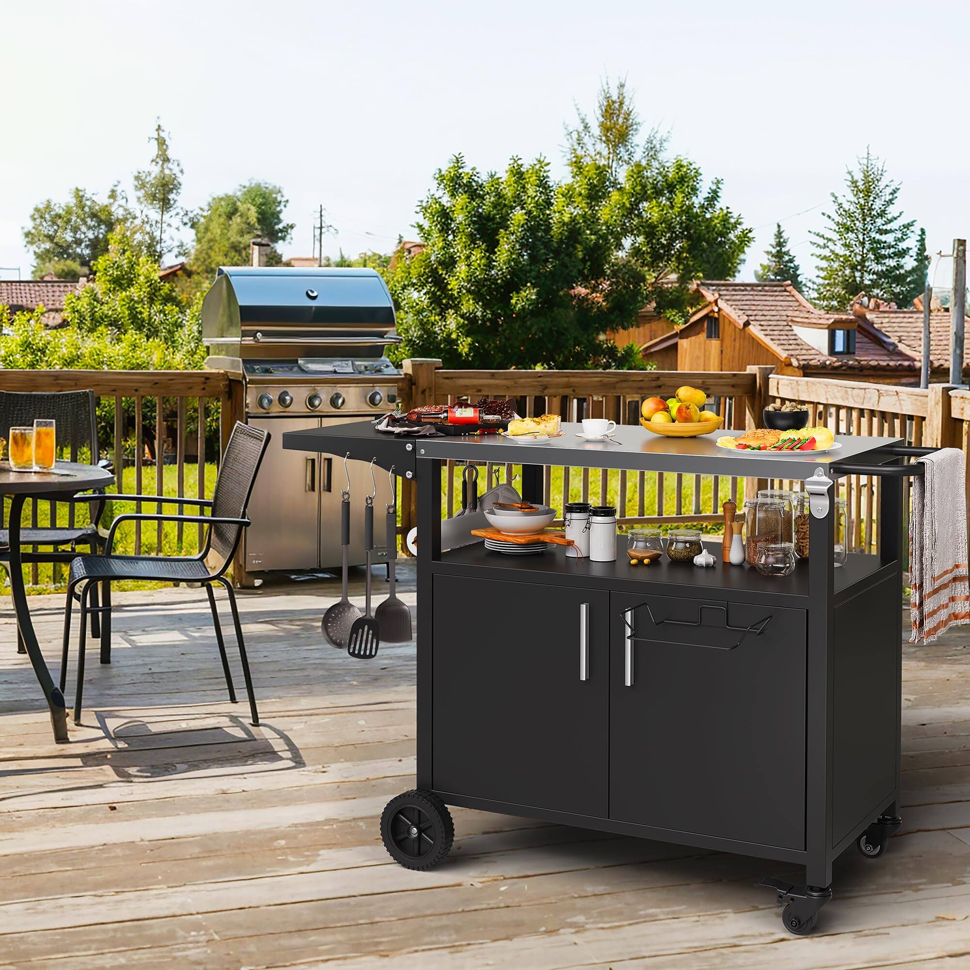 Alt View 1. JETRANSPORT - Outdoor Grill Cart Table With Stainless Steel Top For Kitchen Prep And Bbq Island Side Handle - Silver Kettle Grill Cart.