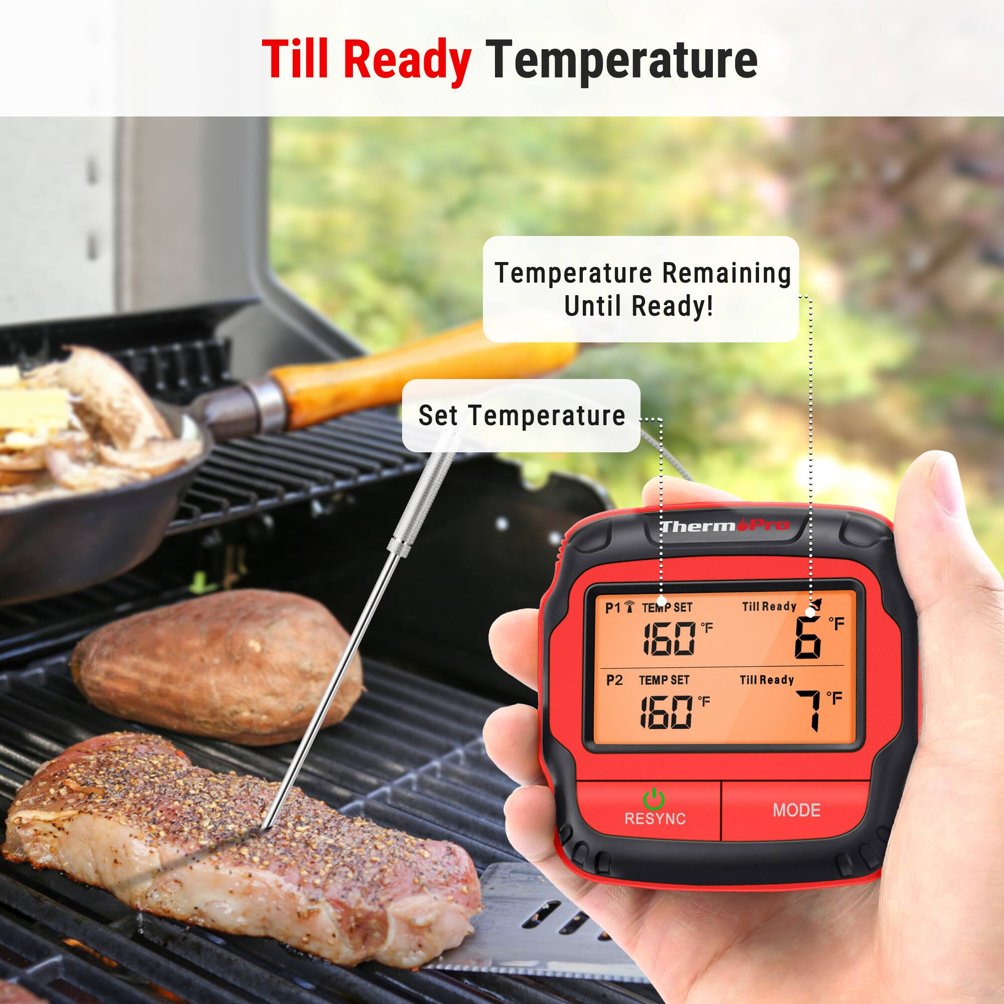 Till Ready Temperature: Temperature Remaining Until Ready! Set Temperature: Therm Pro P1 160°F (P2 160°F) Till Ready: 6°F Till Ready *F 7°F RESYNC MODE