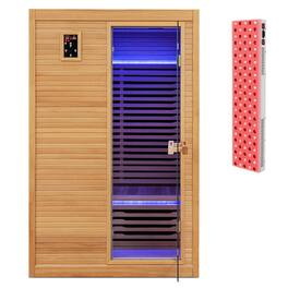 Costway - 2 People Far Infrared Wooden Sauna Room with Bluetooth Speakers 4 Light Strips Free Red Light Therapy - Natural