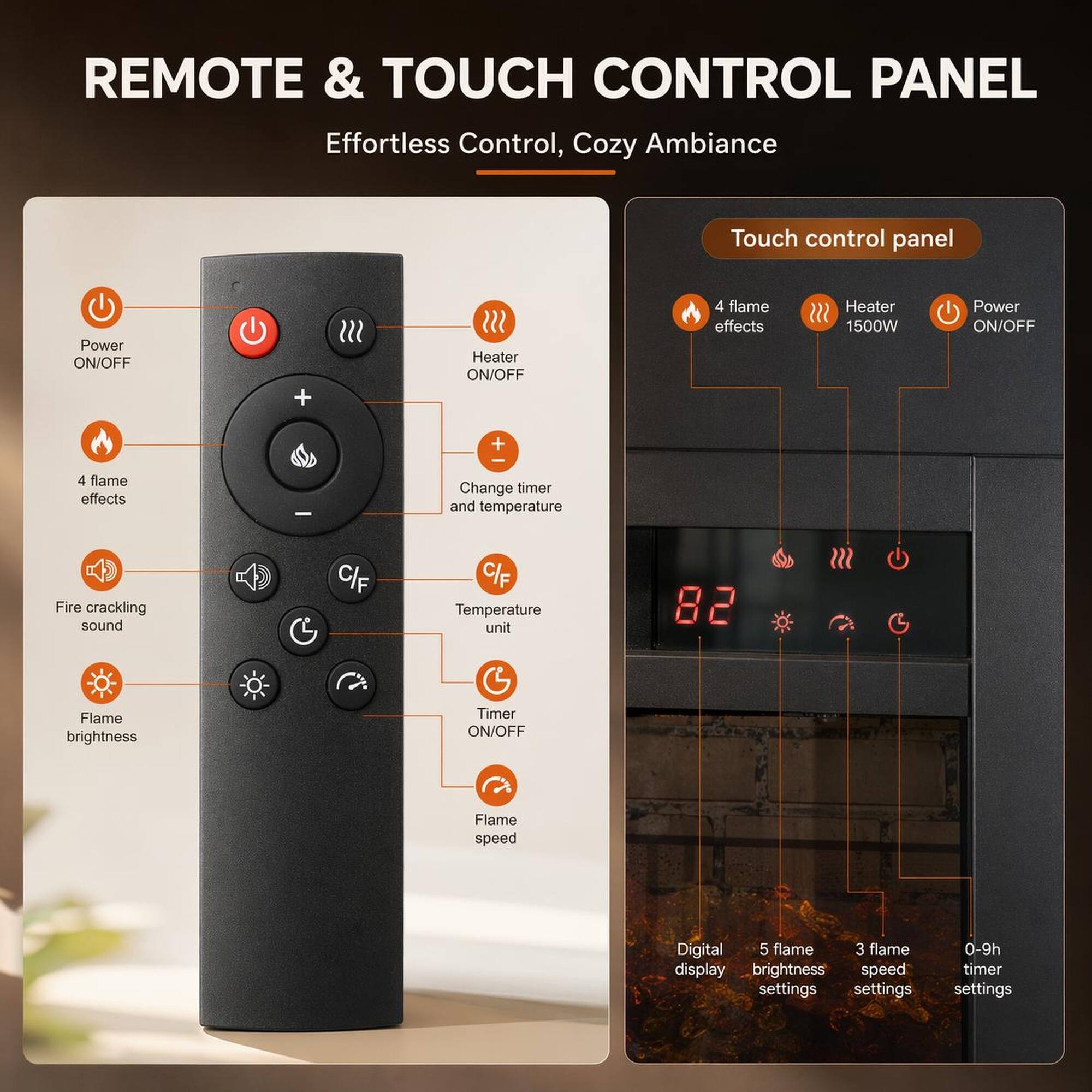 REMOTE & TOUCH CONTROL PANEL  
Effortless Control, Cozy Ambiance  

Touch control panel  
Power ON/OFF + Heater ON/OFF  
4 flame effects  
Heater 1500W  
Power ON/OFF  
4 flame effects  
Change timer and temperature  
Fire crackling sound  
C/F Temperature unit  
82 m  
G Flame brightness  
Timer ON/OFF  
Flame speed  
Digital  
5 flame brightness settings  
3 flame speed settings  
0-9h timer settings