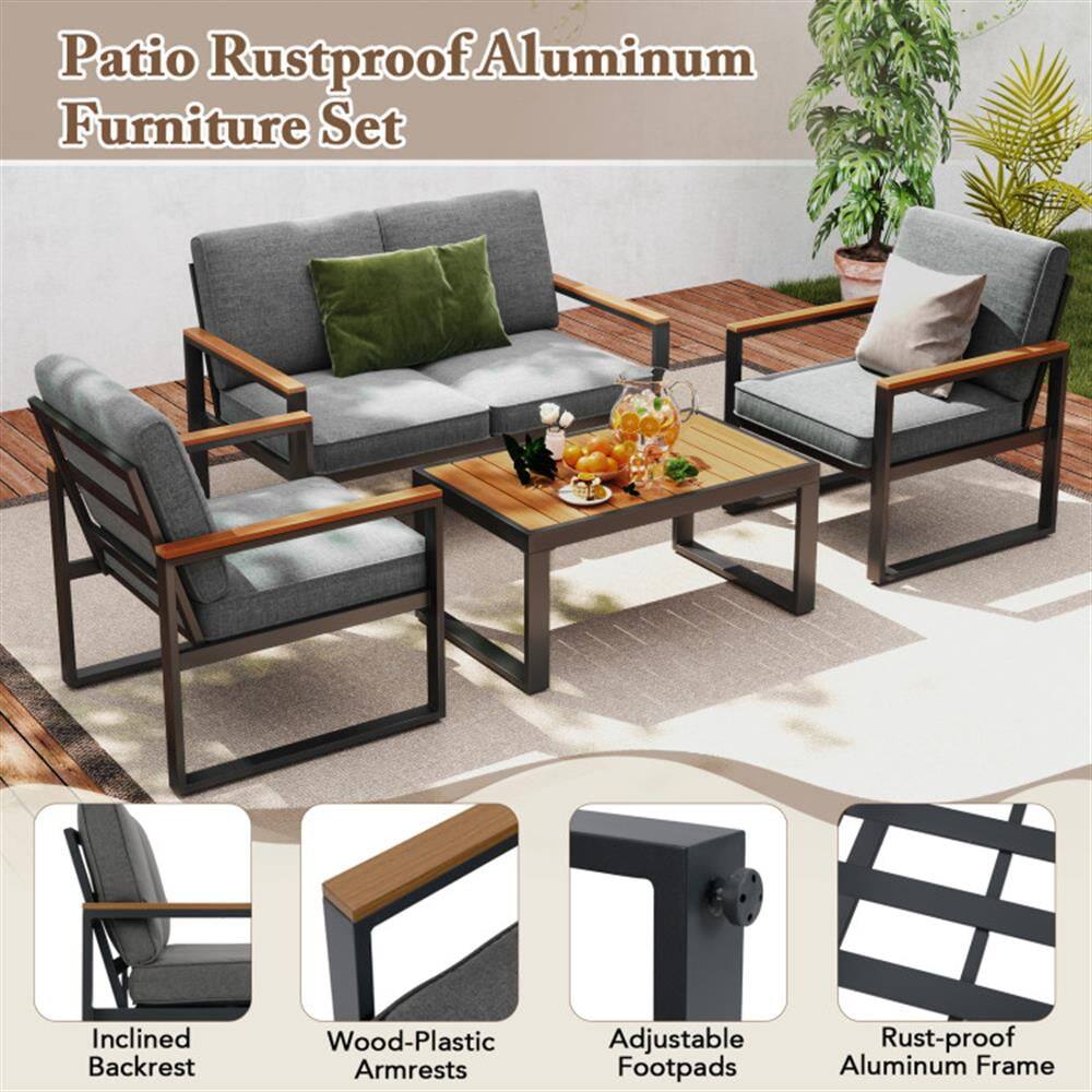 Patio Rustproof Aluminum Furniture Set

- Inclined Backrest
- Wood-Plastic Armrests
- Adjustable Footpads
- Rust-proof Aluminum Frame