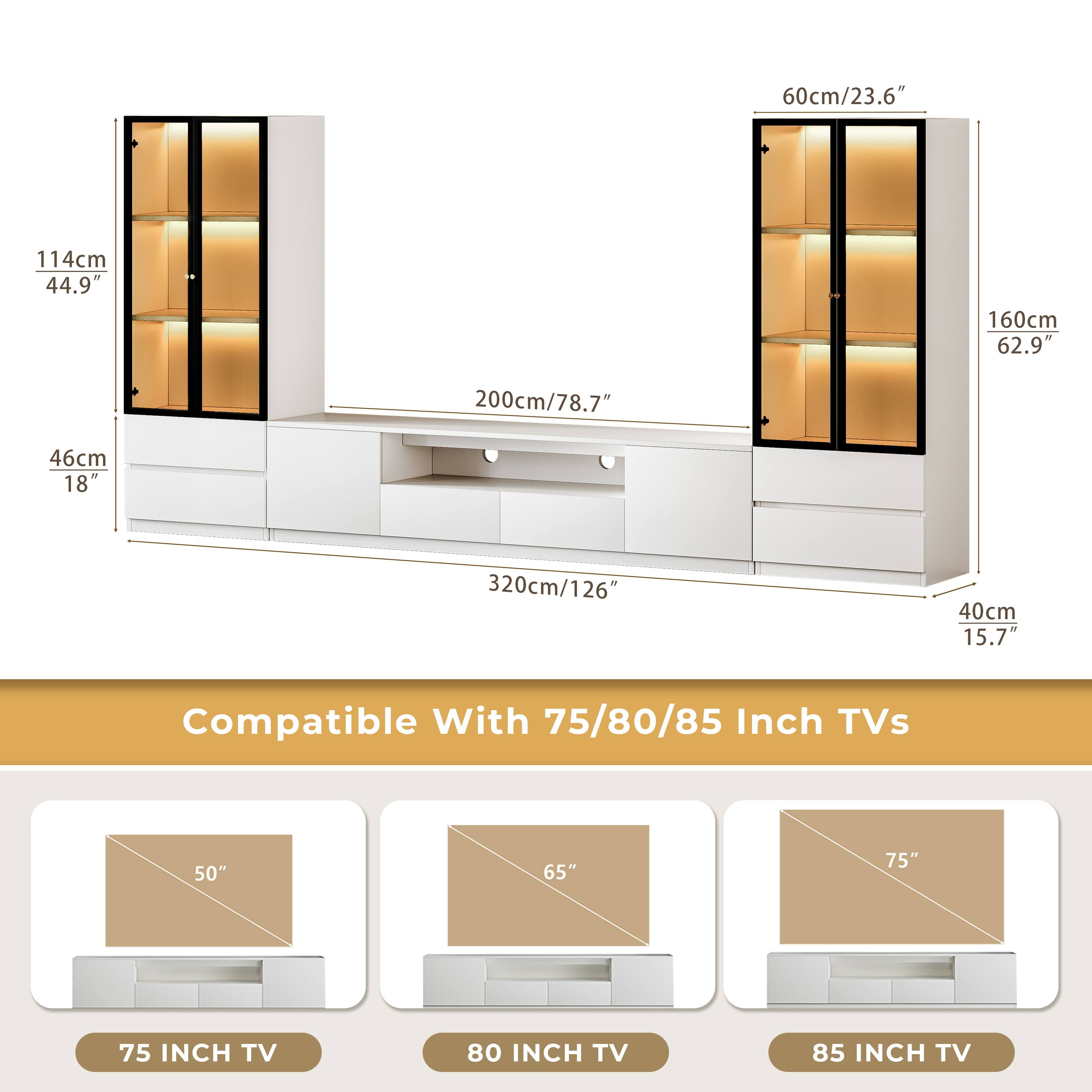 Alt View 3. MSOOB - 126 Inch White Modern Media Console Includes TV Stands And 2 Lighted Glass Display Cabinet - White.