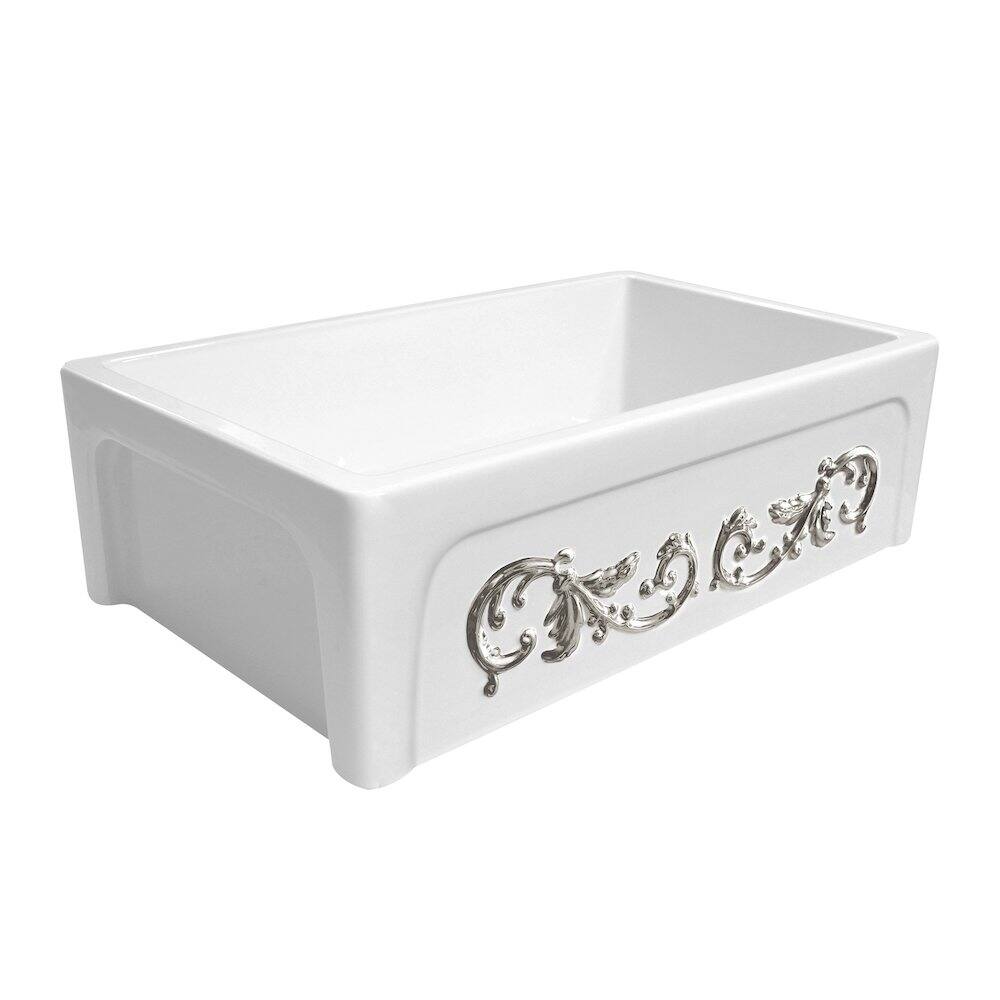 Angle. Whitehaus - St. Ives Ornamental 33" Reversible Fireclay Kitchen Sink - White.