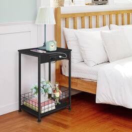 Oumilen - Set of 2 Nightstands with Charging Station, Industrial End Tables with Wire Basket Shelves - Black