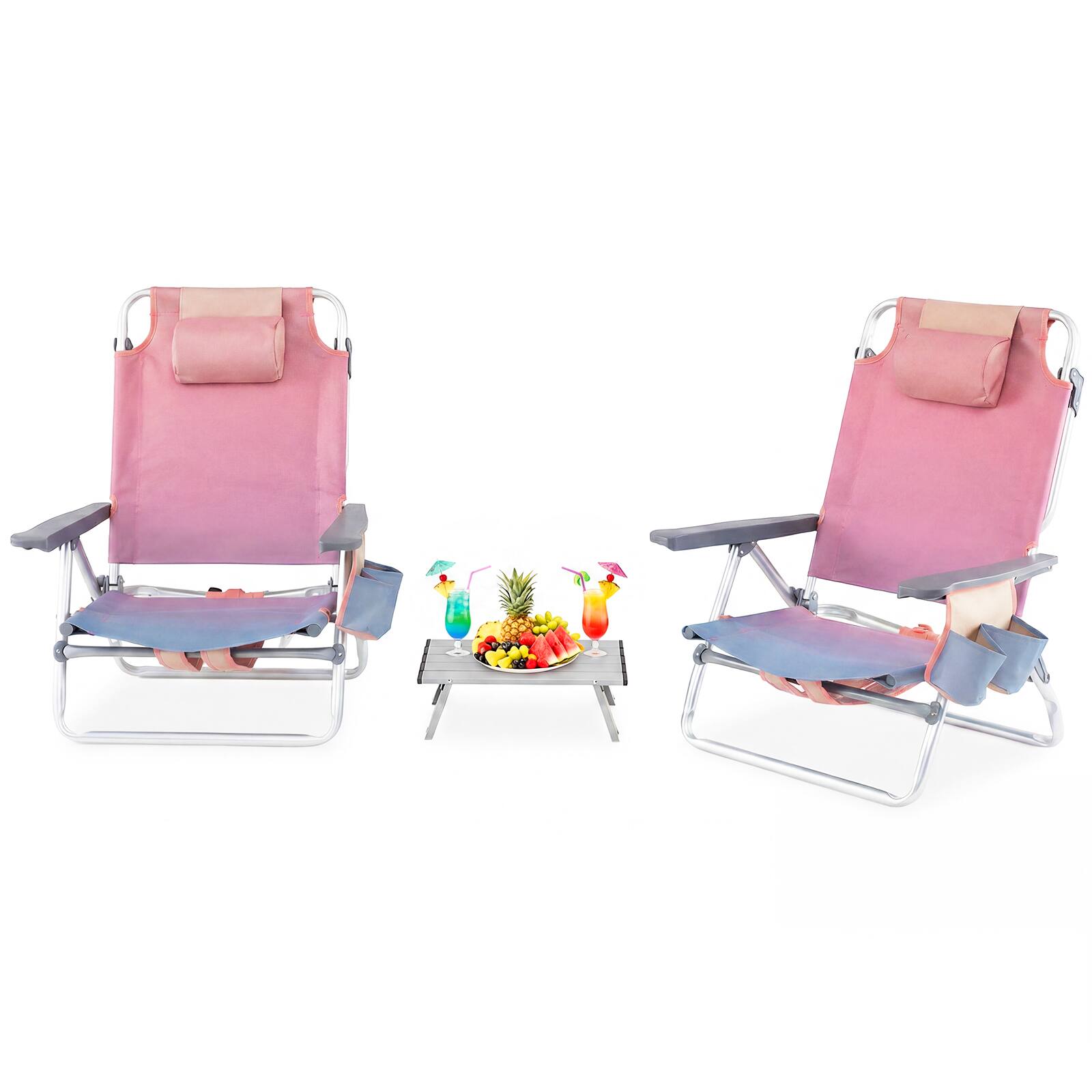 Alt View 1. Costway - Costway 2-Pack Folding Backpack Beach Chair Table Set 5-Position Outdoor Reclining Chair - Pink.
