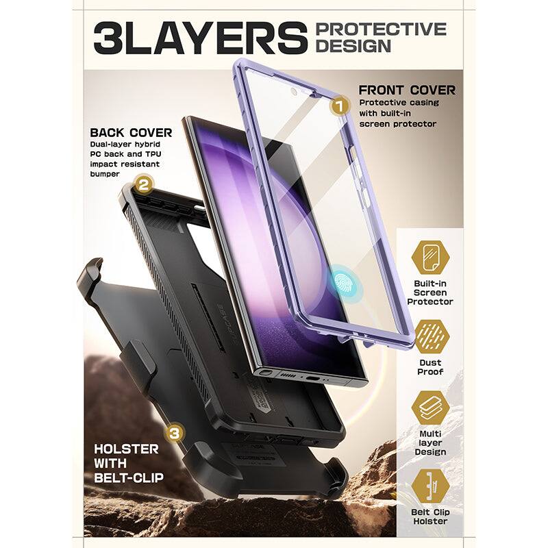 **3LAYERS PROTECTIVE DESIGN**

**BACK COVER**
- Dual-layer hybrid PC back and TPU impact resistant bumper

**FRONT COVER**
- Protective casing with built-in screen protector

**HOLSTER WITH BELT-CLIP**
- Belt Clip Holster

**Features:**
- Built-in Screen Protector
- Dust Proof
- Multi layer Design