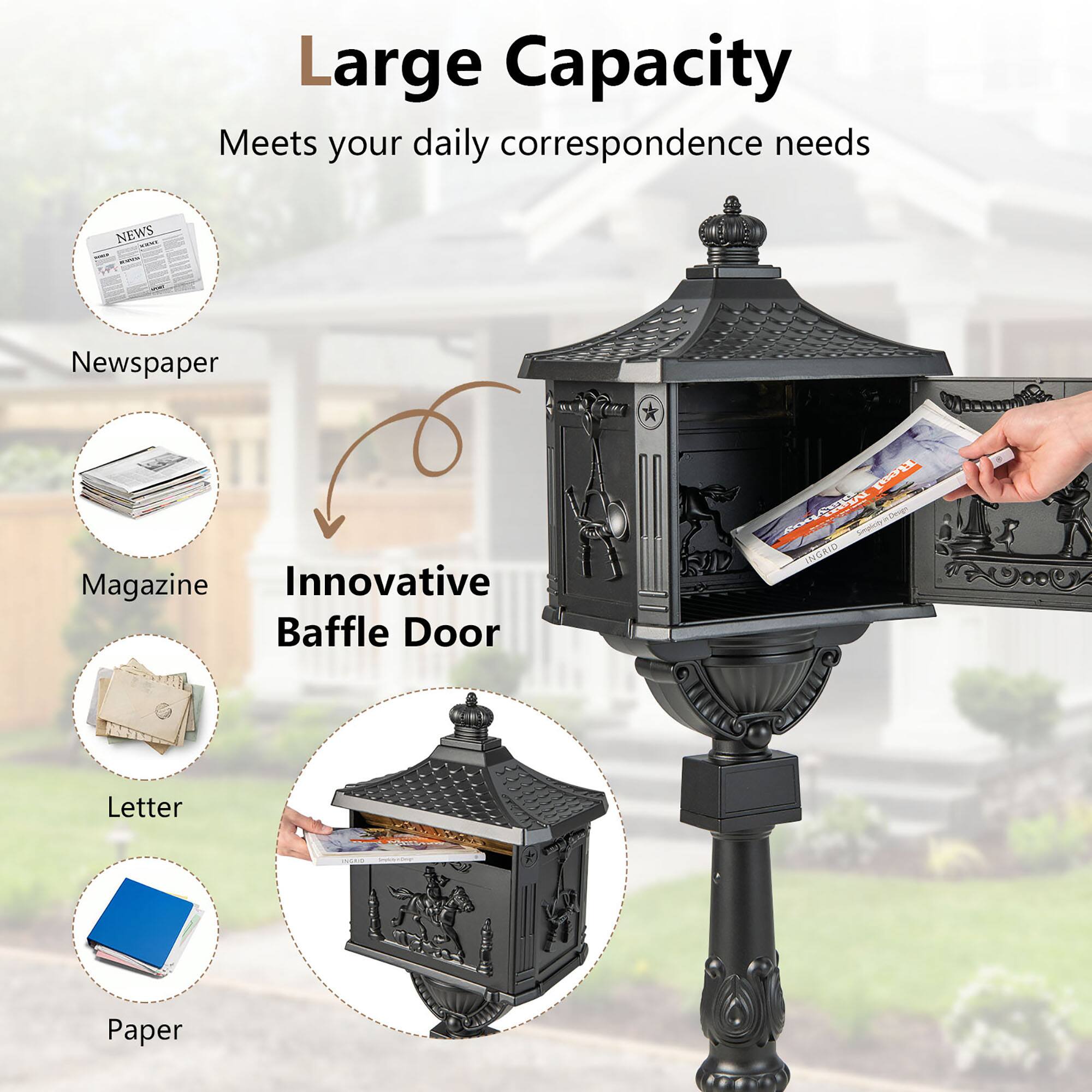 Large Capacity  
Meets your daily correspondence needs  

NEWS - Newspaper Magazine  

Innovative Baffle Door  

Letter Paper