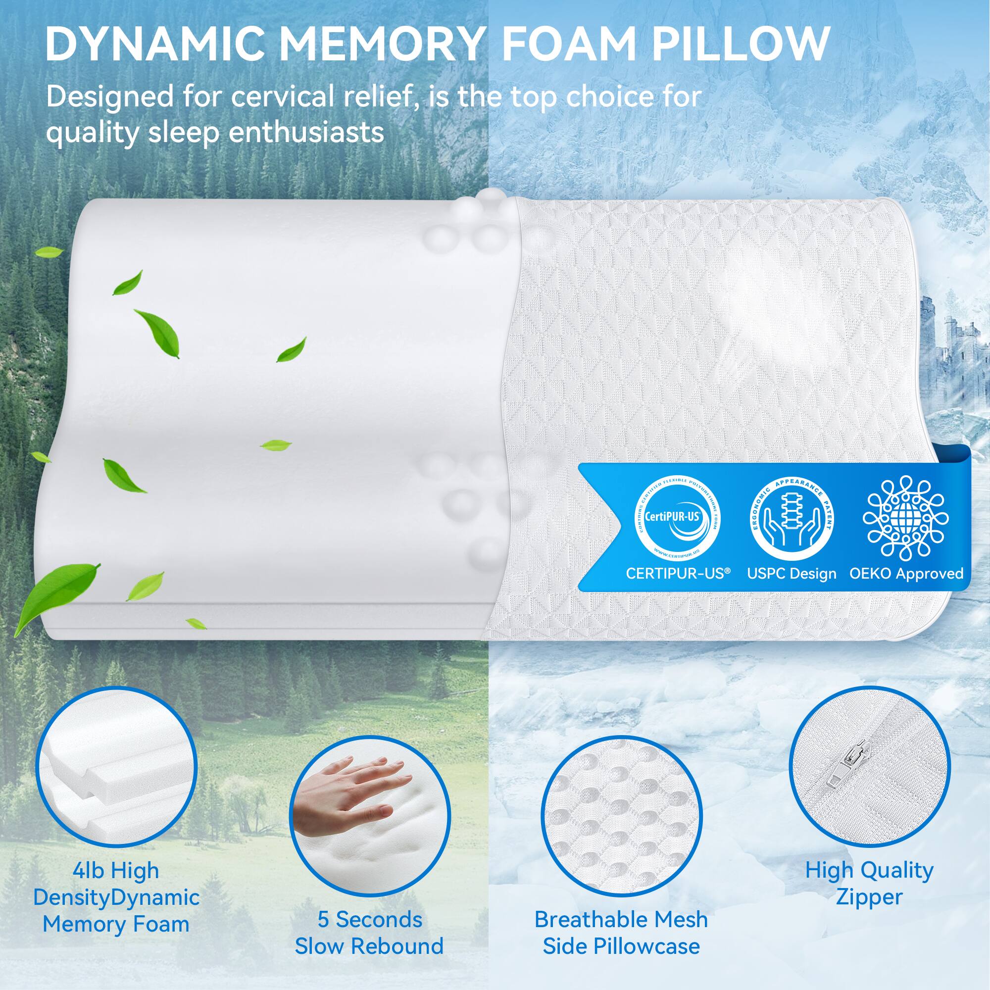 DYNAMIC MEMORY FOAM PILLOW

Designed for cervical relief, it is the top choice for quality sleep enthusiasts.

- 4lb High Density Dynamic Memory Foam
- 5 Seconds Slow Rebound
- Breathable Mesh Side Pillowcase
- High Quality Zipper

Certifications:
- CertiPUR-US
- USPC Design
- OEKO Approved