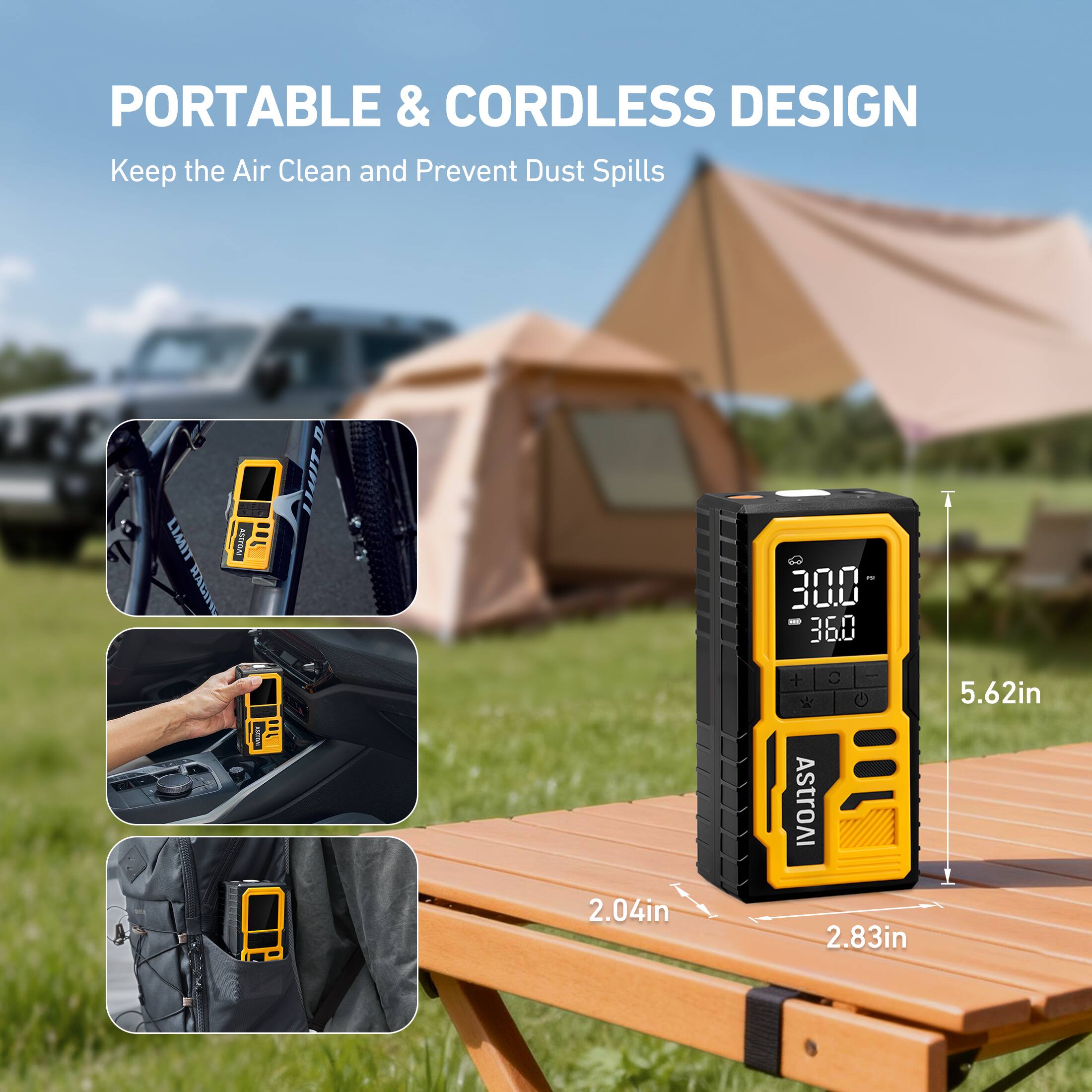 PORTABLE & CORDLESS DESIGN  
Keep the Air Clean and Prevent Dust Spills  

LIMIT ANUGAI IE TTD 300 - 360  
2.04in  
2.83in  
5.62in