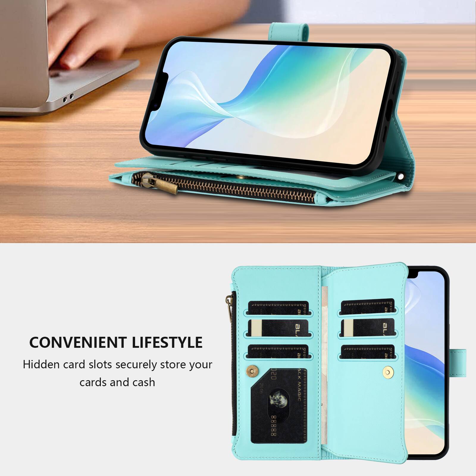 CONVENIENT LIFESTYLE  
Hidden card slots securely store your cards and cash  
020 88888  
ALE MAGIC