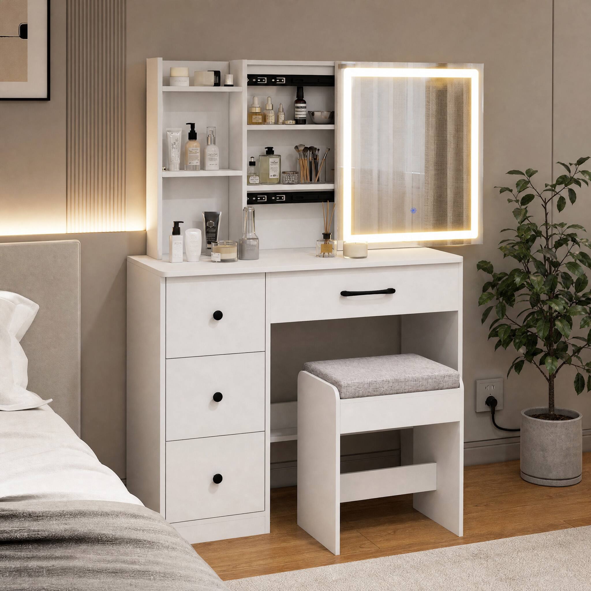 Angle. WELLFOR - Makeup Vanity Desk with Sliding 3‑Color LED Lighted Mirror, 4 Drawers and Removable‑Cushion Padded Stool for Bedroom - White.